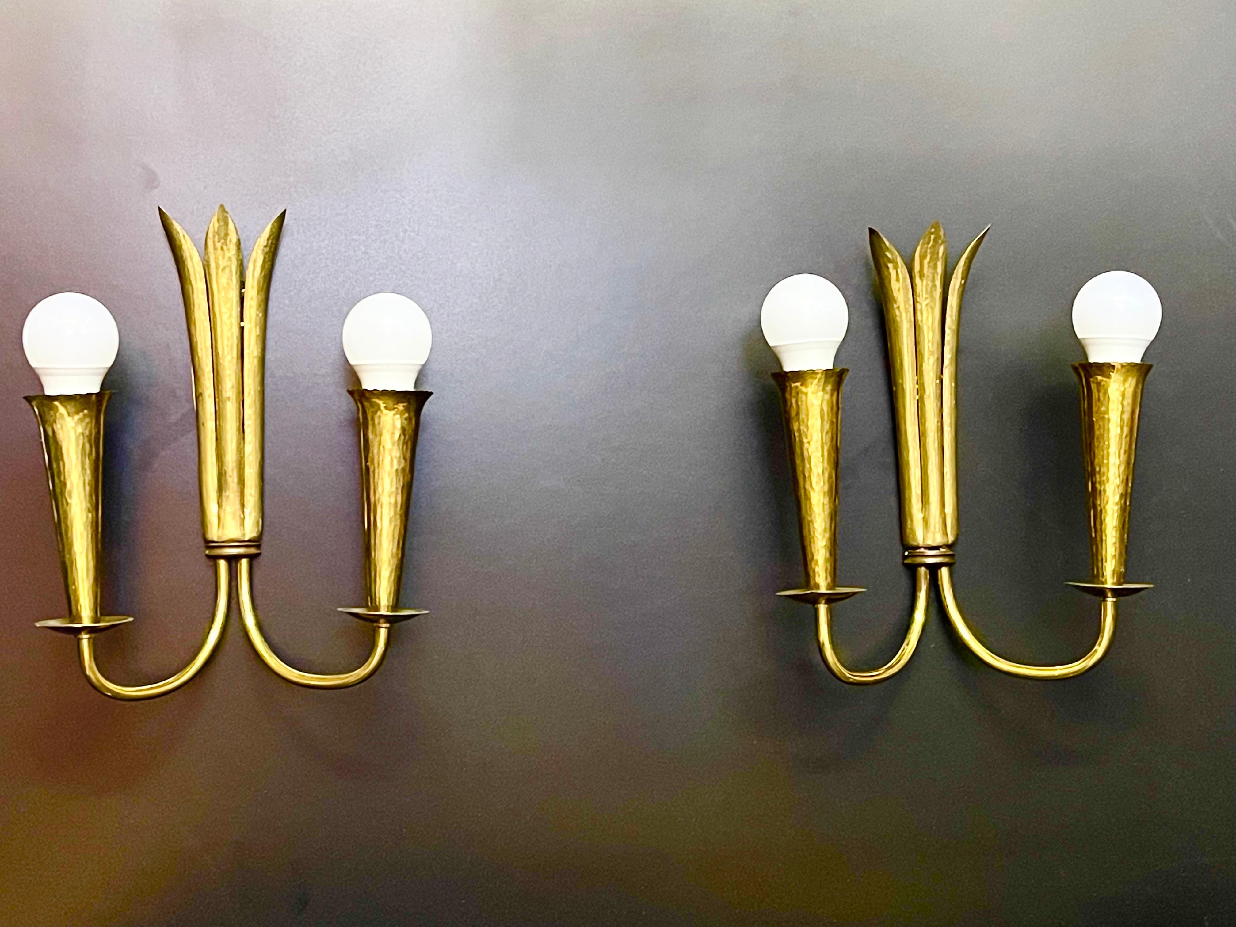 Unknown Set of Three Scandinavian Hammered Brass Light Fixtures, circa 1950s For Sale