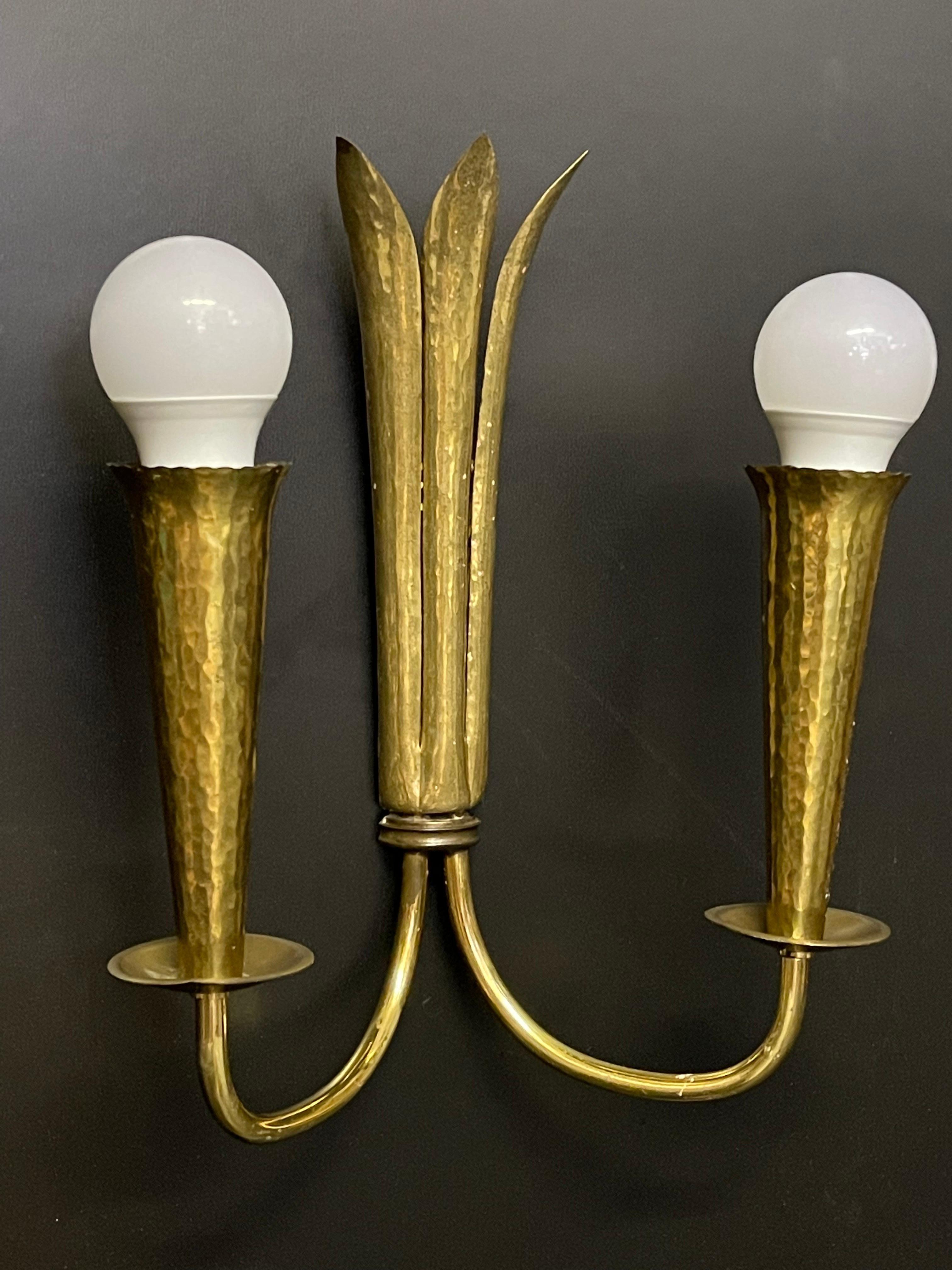 Mid-20th Century Set of Three Scandinavian Hammered Brass Light Fixtures, circa 1950s For Sale