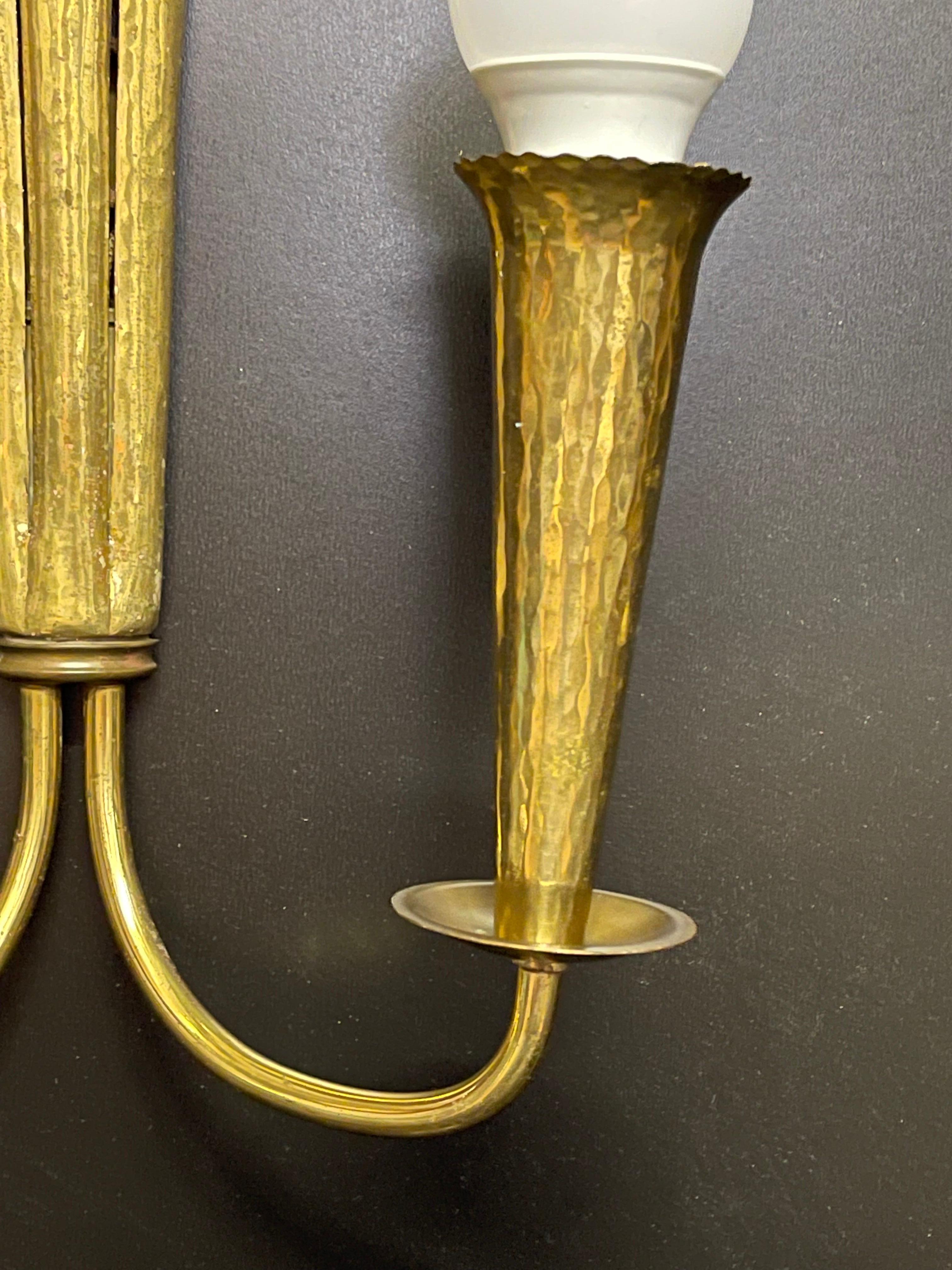 Set of Three Scandinavian Hammered Brass Light Fixtures, circa 1950s For Sale 1