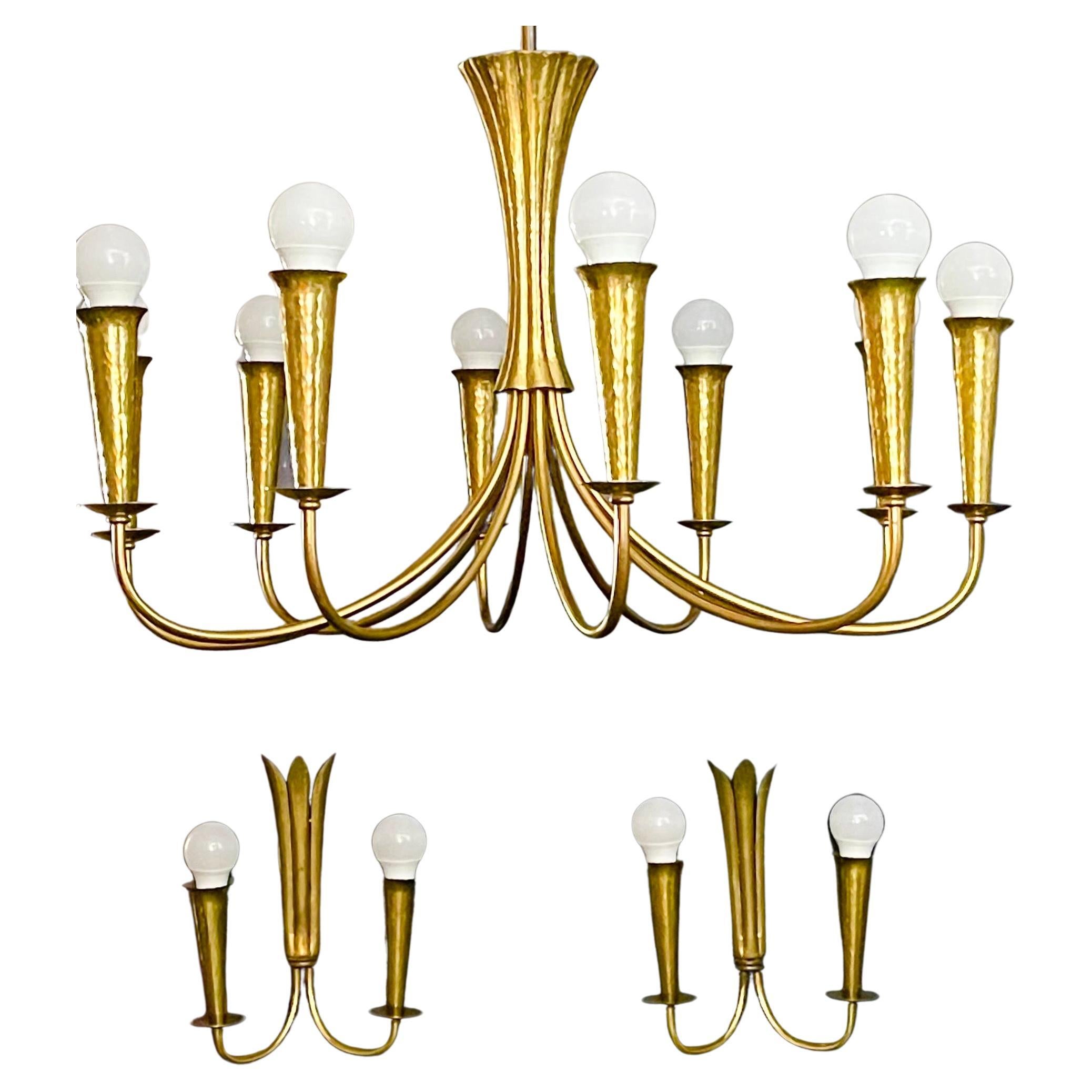 Set of Three Scandinavian Hammered Brass Light Fixtures, circa 1950s For Sale