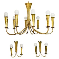 Set of Three Scandinavian Hammered Brass Light Fixtures, circa 1950s