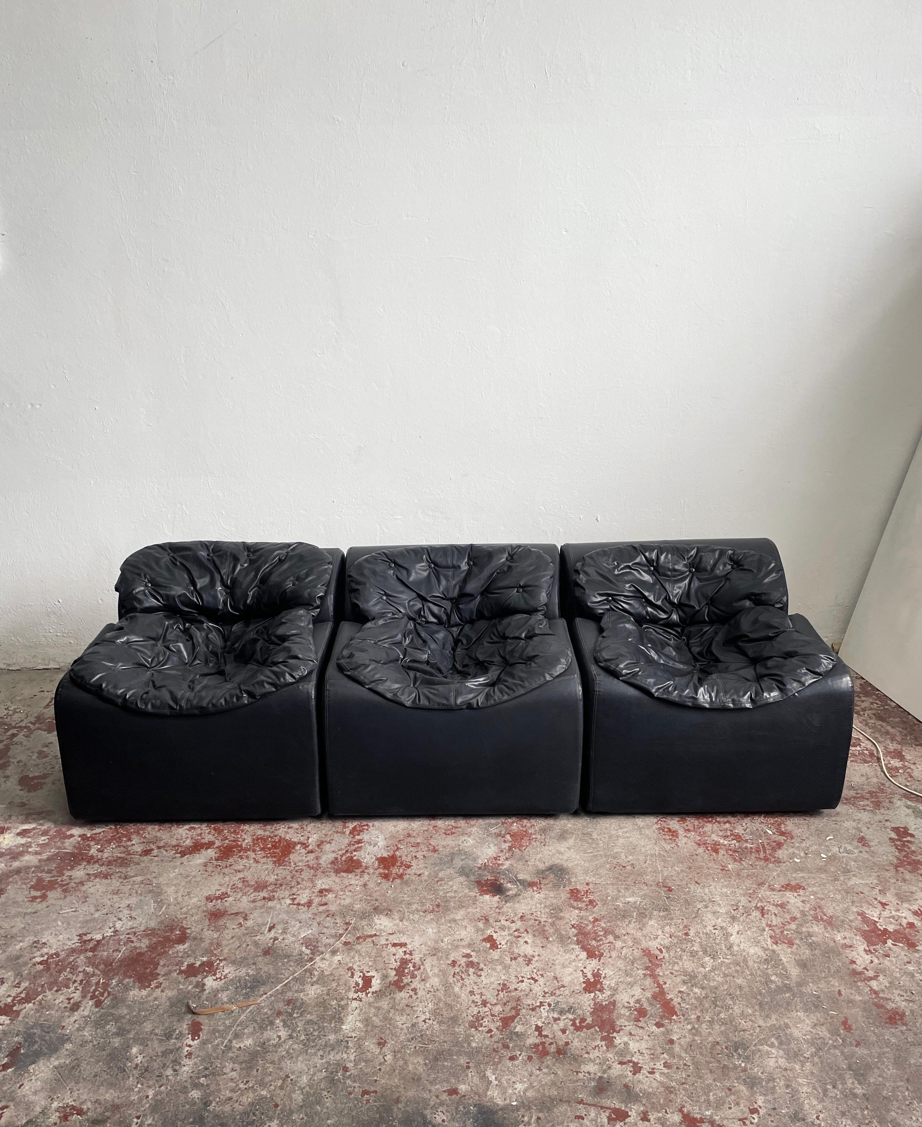 Set of Three Scandinavian Modern Black Faux Leather Modules by Beka, 1970s 5