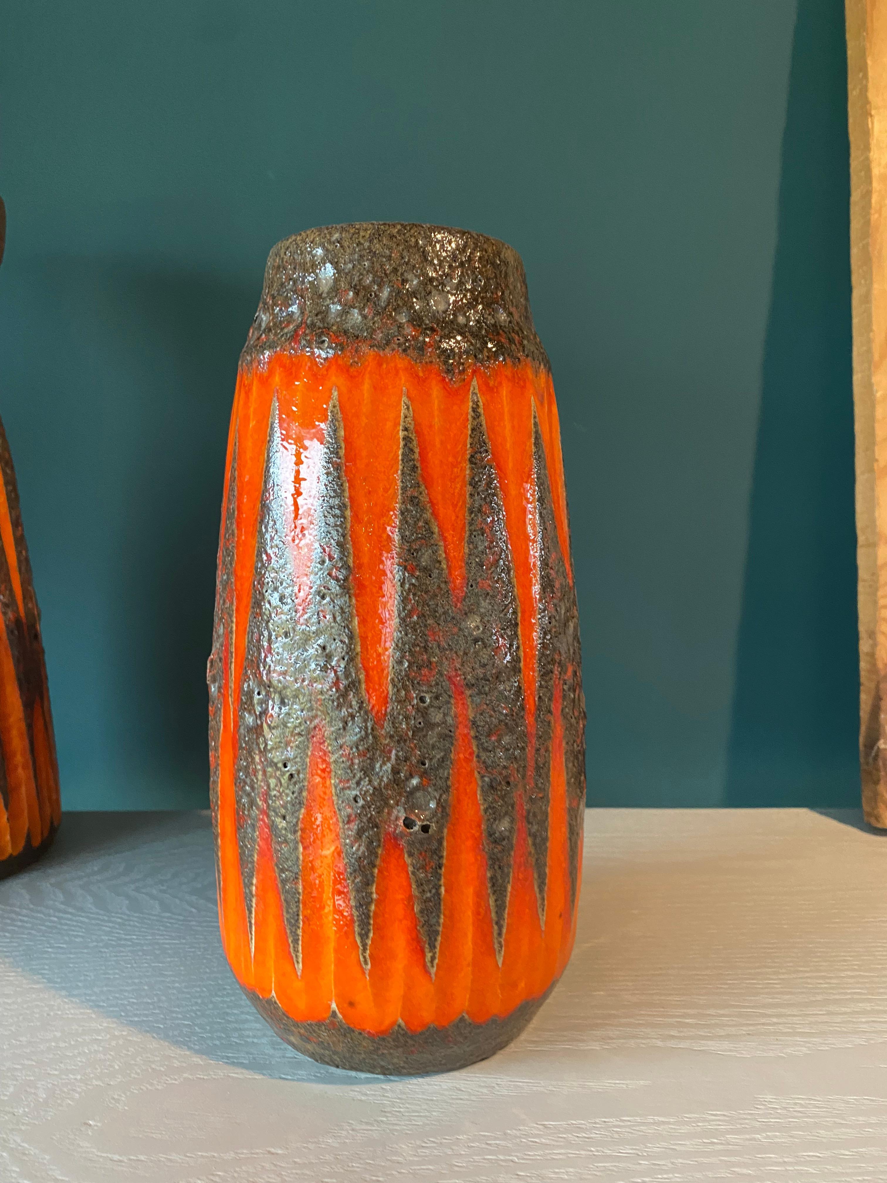 Set of Three Scheurich Fat Lava Vases Orange / Brown / Red 7