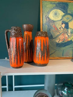 Set of Three Scheurich Fat Lava Vases Orange / Brown / Red