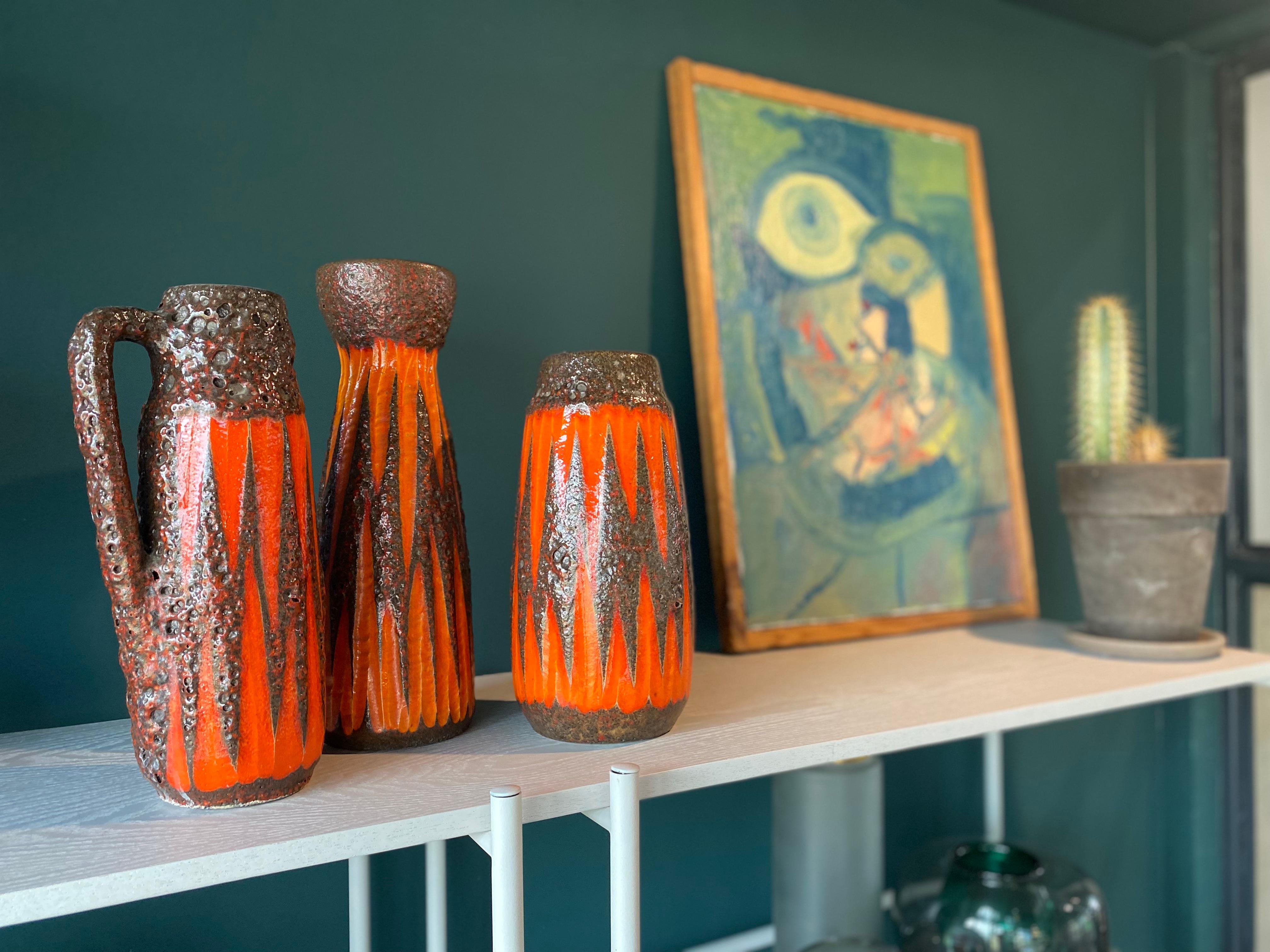 Space Age Set of Three Scheurich Fat Lava Vases Orange / Brown / Red