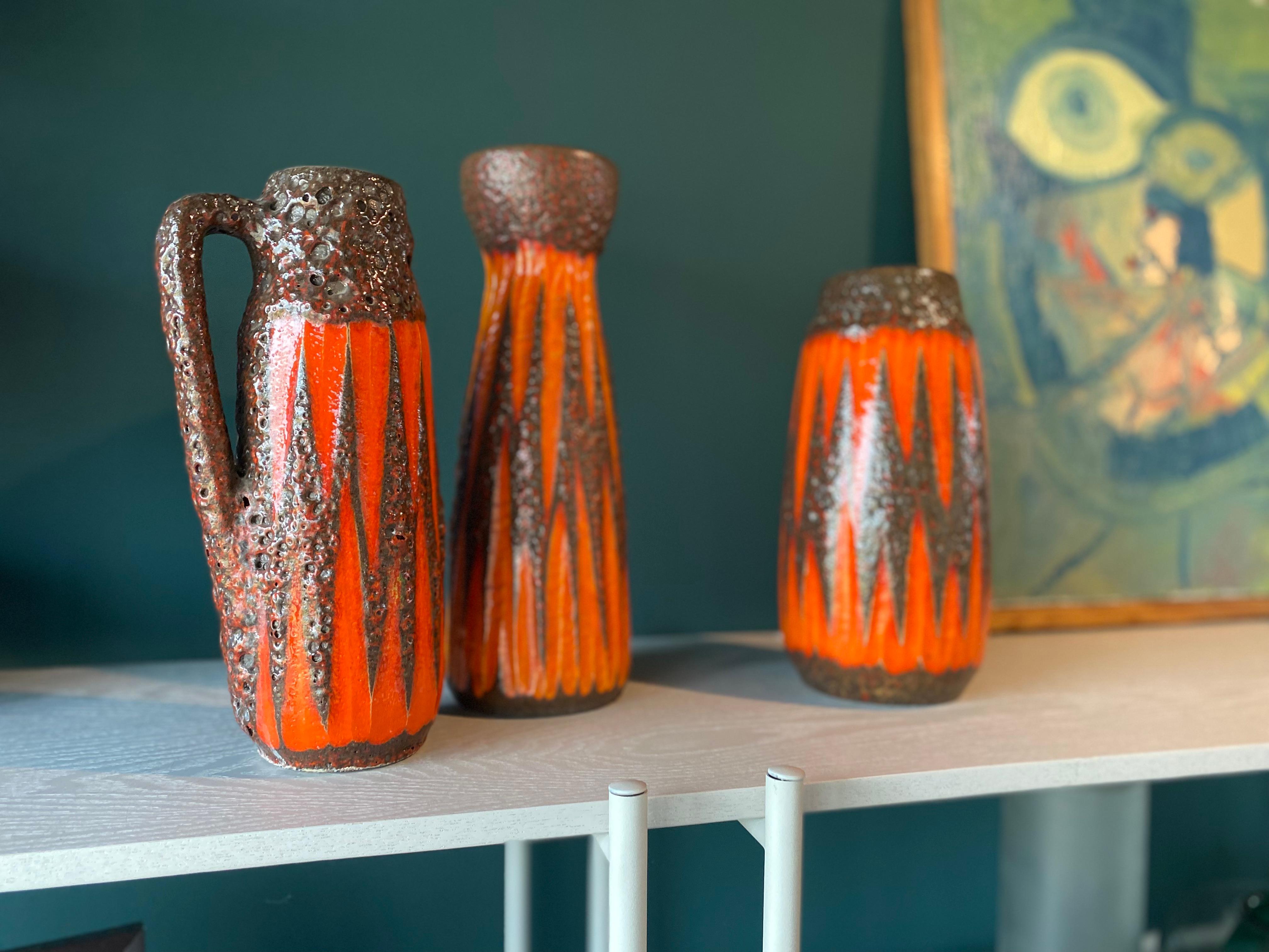 German Set of Three Scheurich Fat Lava Vases Orange / Brown / Red