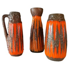 Set of Three Scheurich Fat Lava Vases Orange / Brown / Red