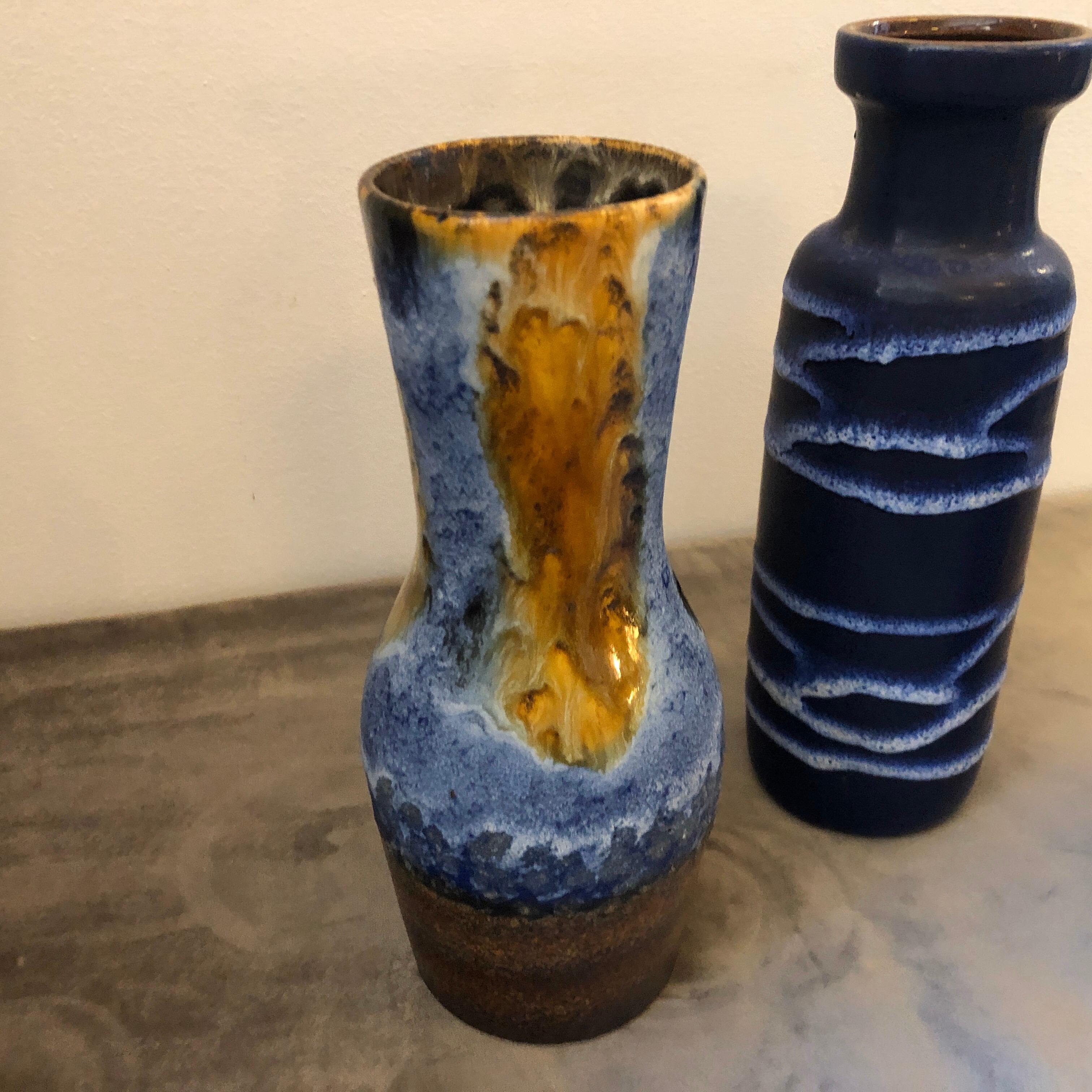 Three blue lava ceramic vases made in Germany in the 1970s in perfect conditions.