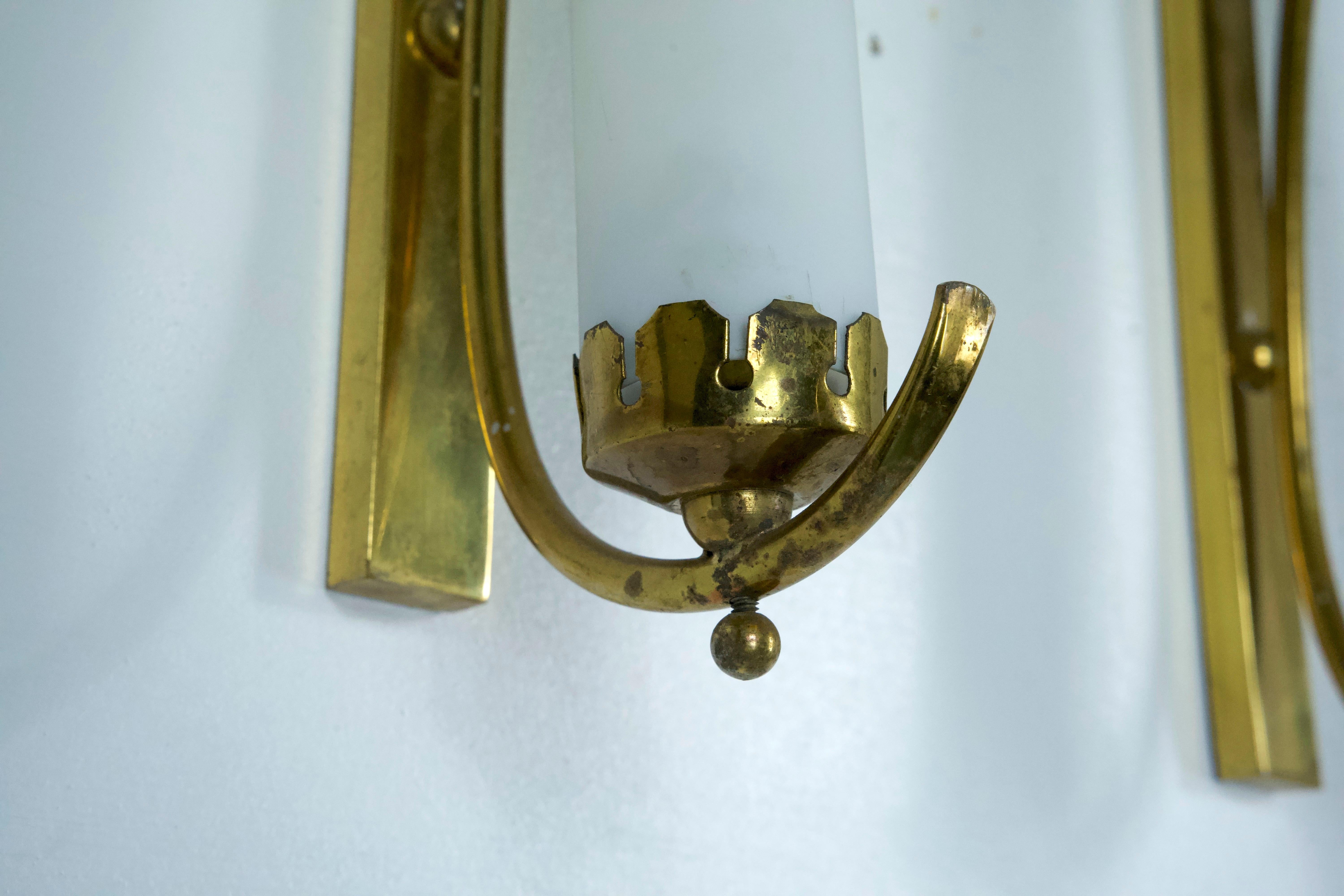 20th Century Set of three sconces in brass and triplex opaline glass in Arredoluce manner. It For Sale
