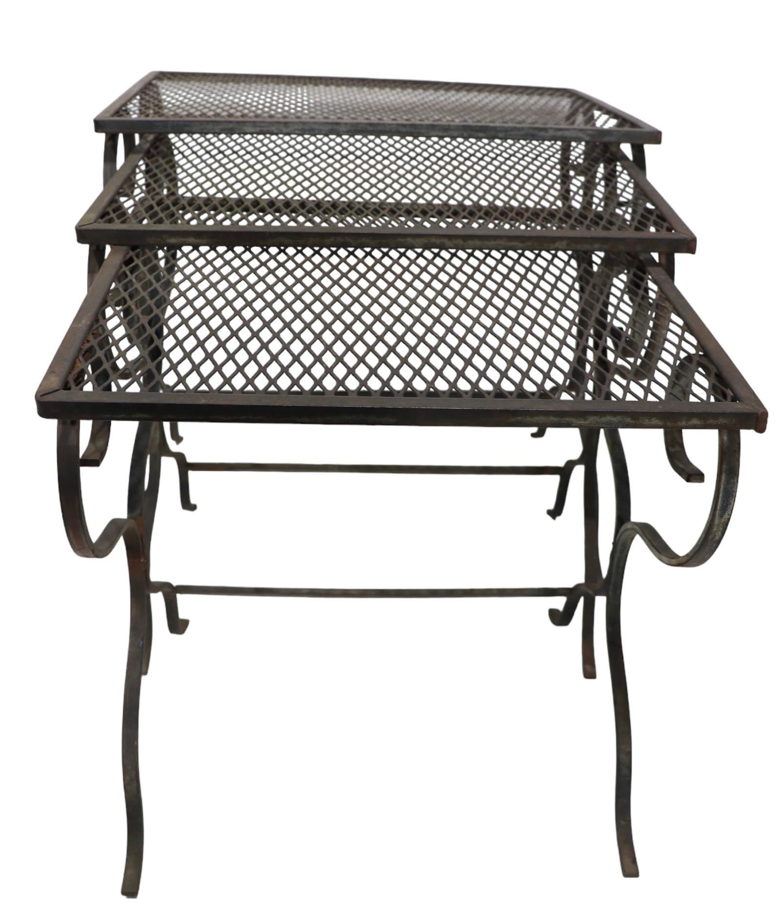 Mid-Century Modern Set of Three Scroll Base Wrought  Iron Tables att. to Woodard For Sale