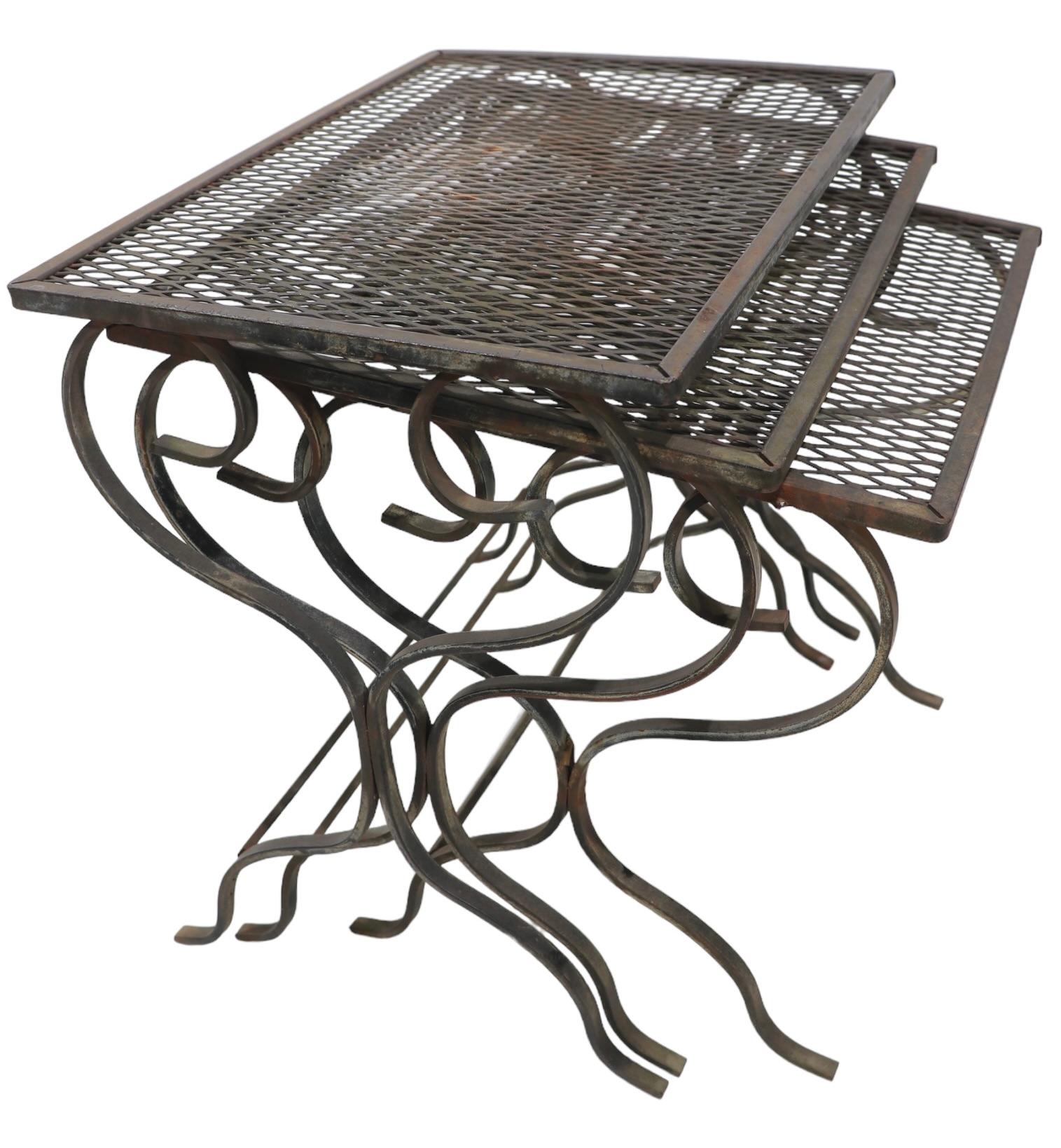 American Set of Three Scroll Base Wrought  Iron Tables att. to Woodard For Sale
