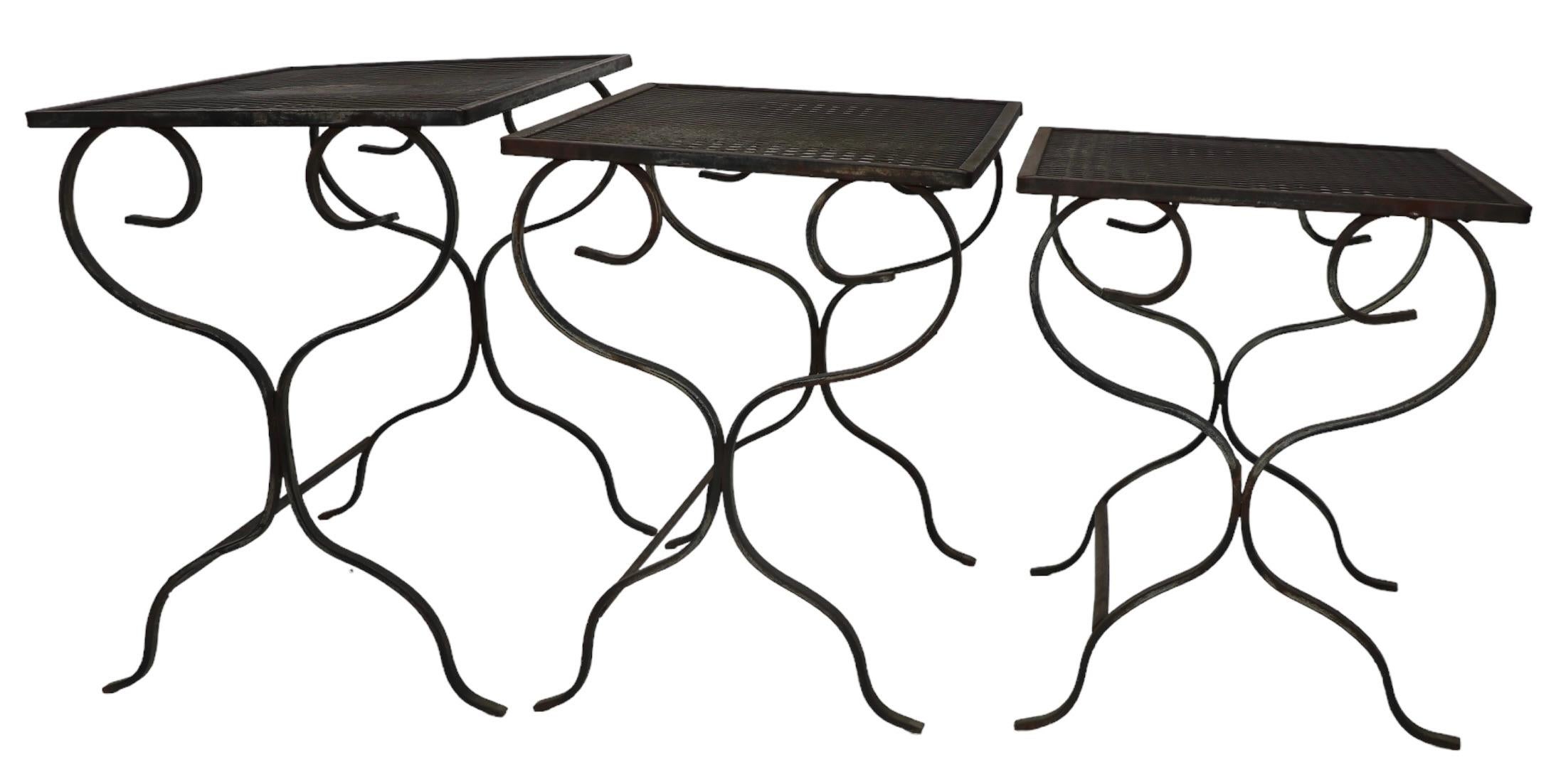 20th Century Set of Three Scroll Base Wrought  Iron Tables att. to Woodard For Sale