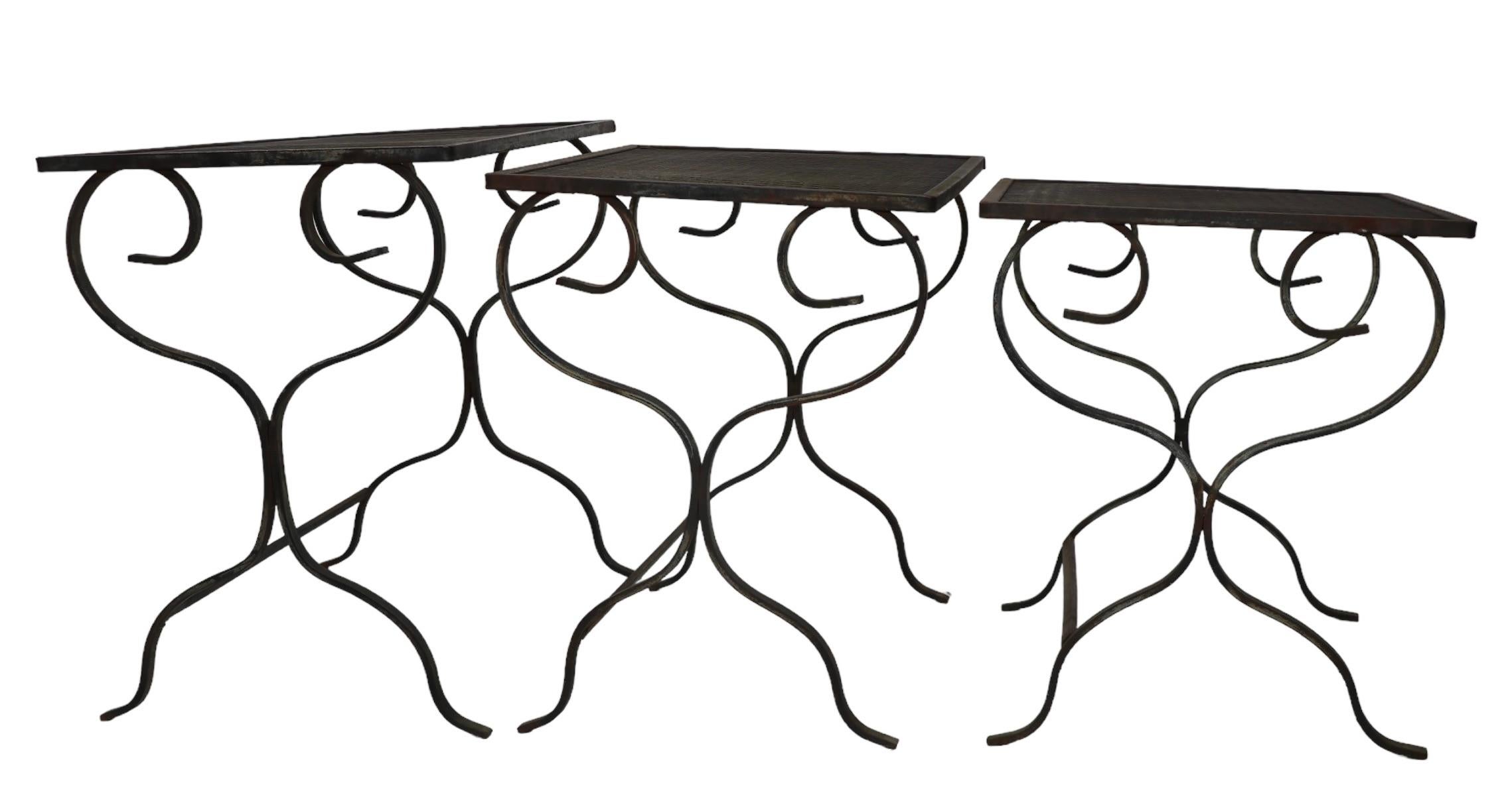 Wrought Iron Set of Three Scroll Base Wrought  Iron Tables att. to Woodard For Sale