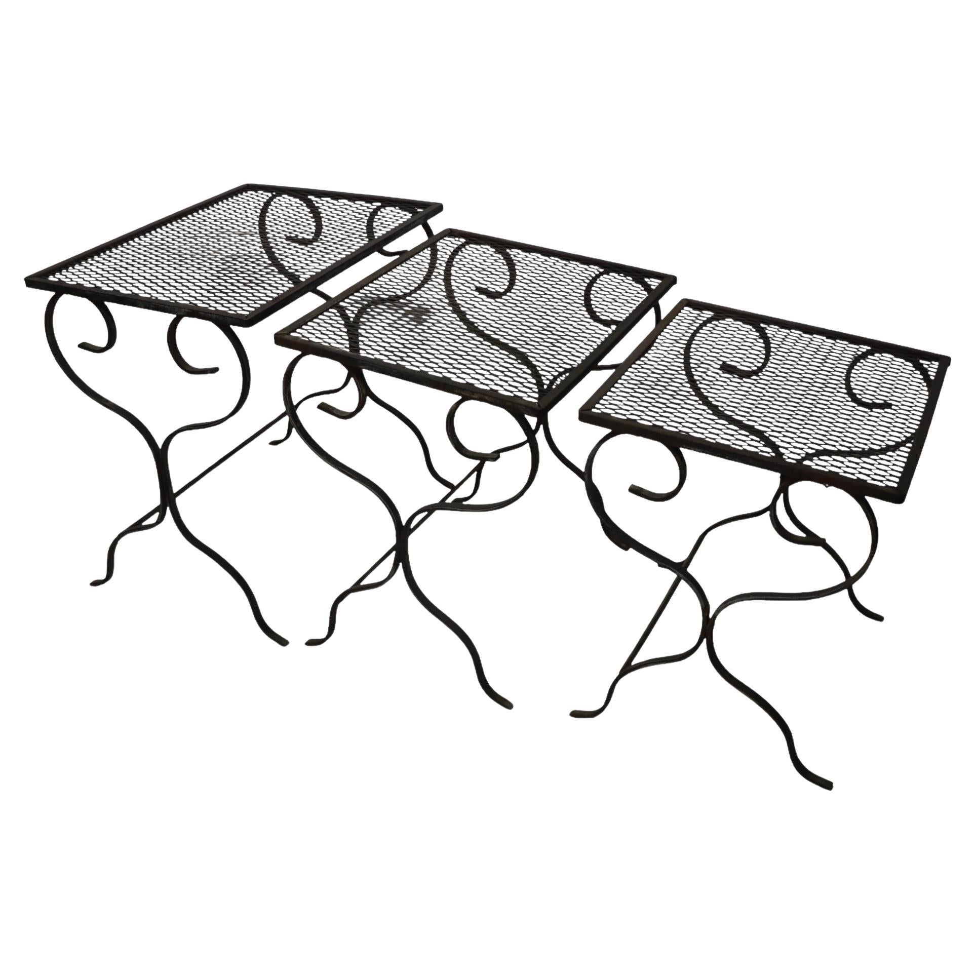 Set of Three Scroll Base Wrought  Iron Tables att. to Woodard For Sale