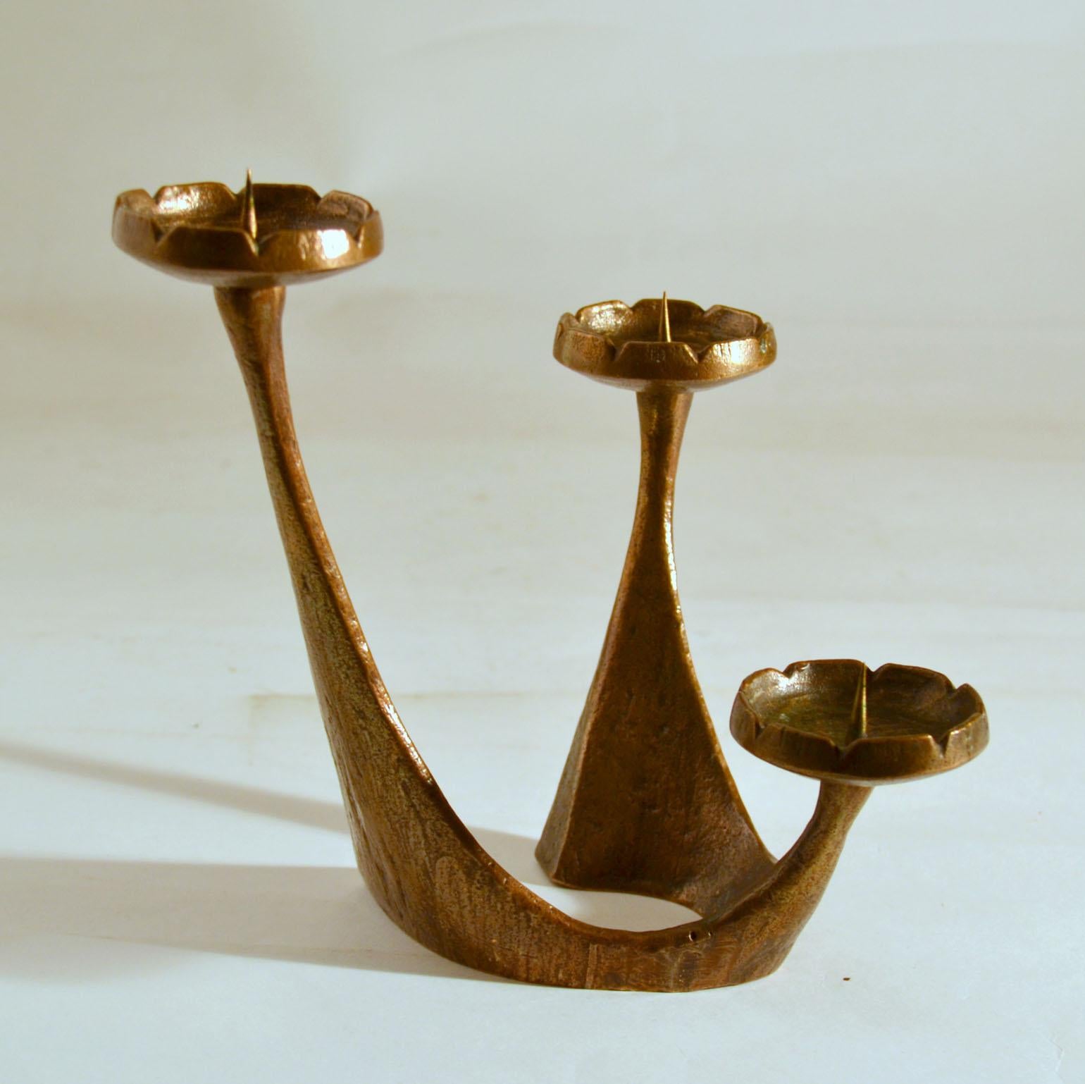 Mid-20th Century Set of Three Sculptural Bronze Candelabras