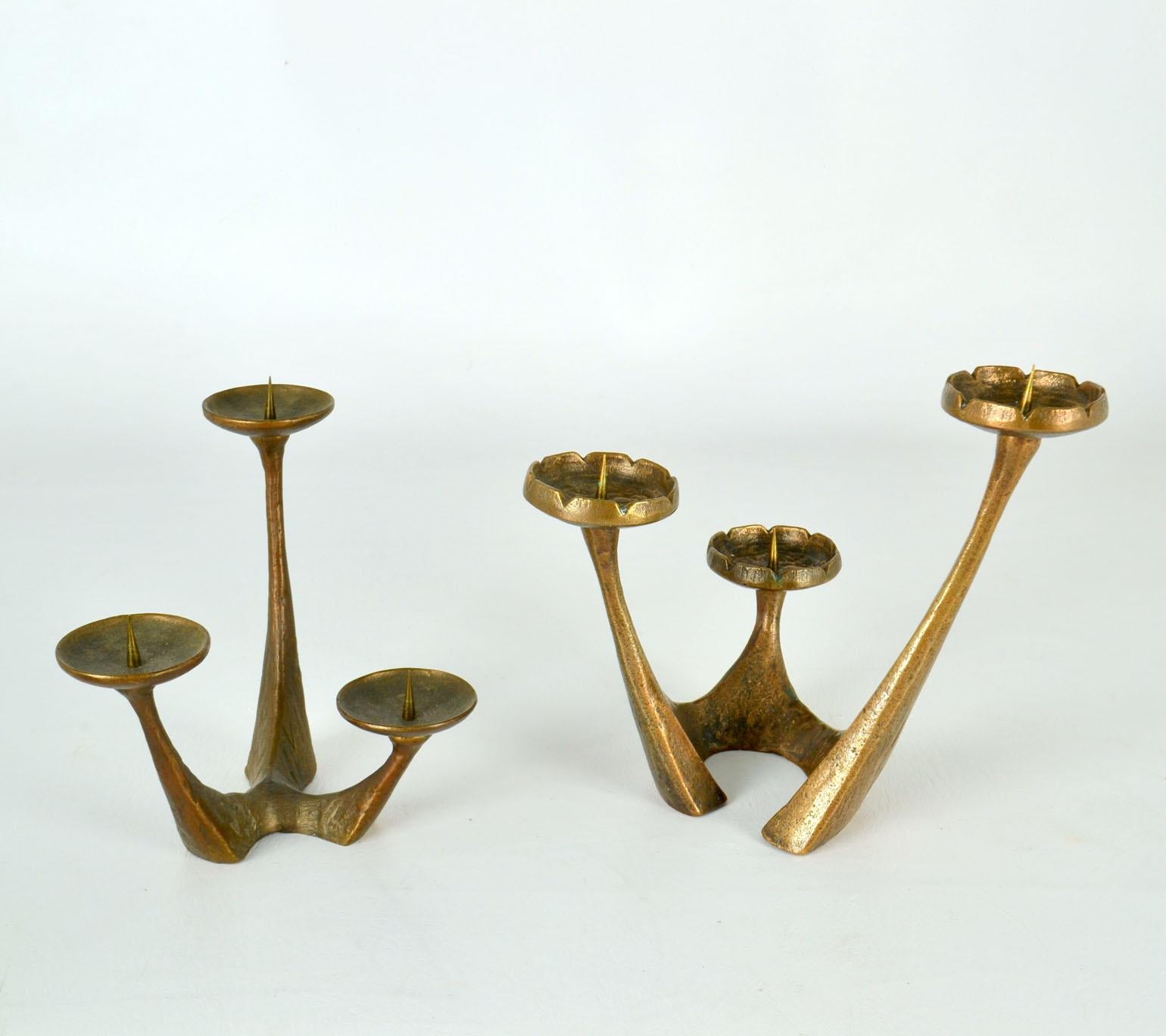 Cast Set of Three Sculptural Bronze Candelabras