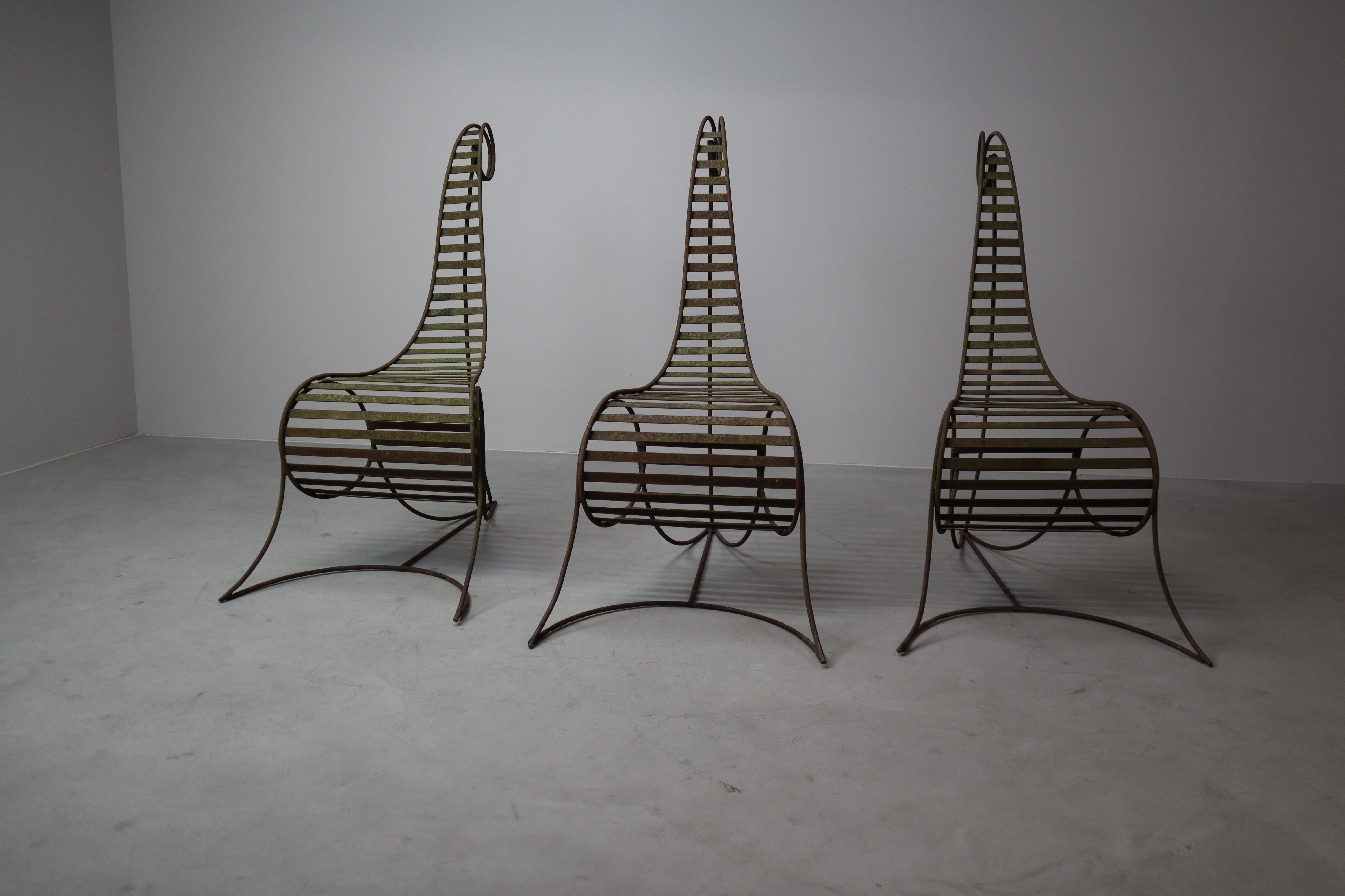 Post-Modern Set of three sculptural iron chairs, in the style of André Dubreuil For Sale