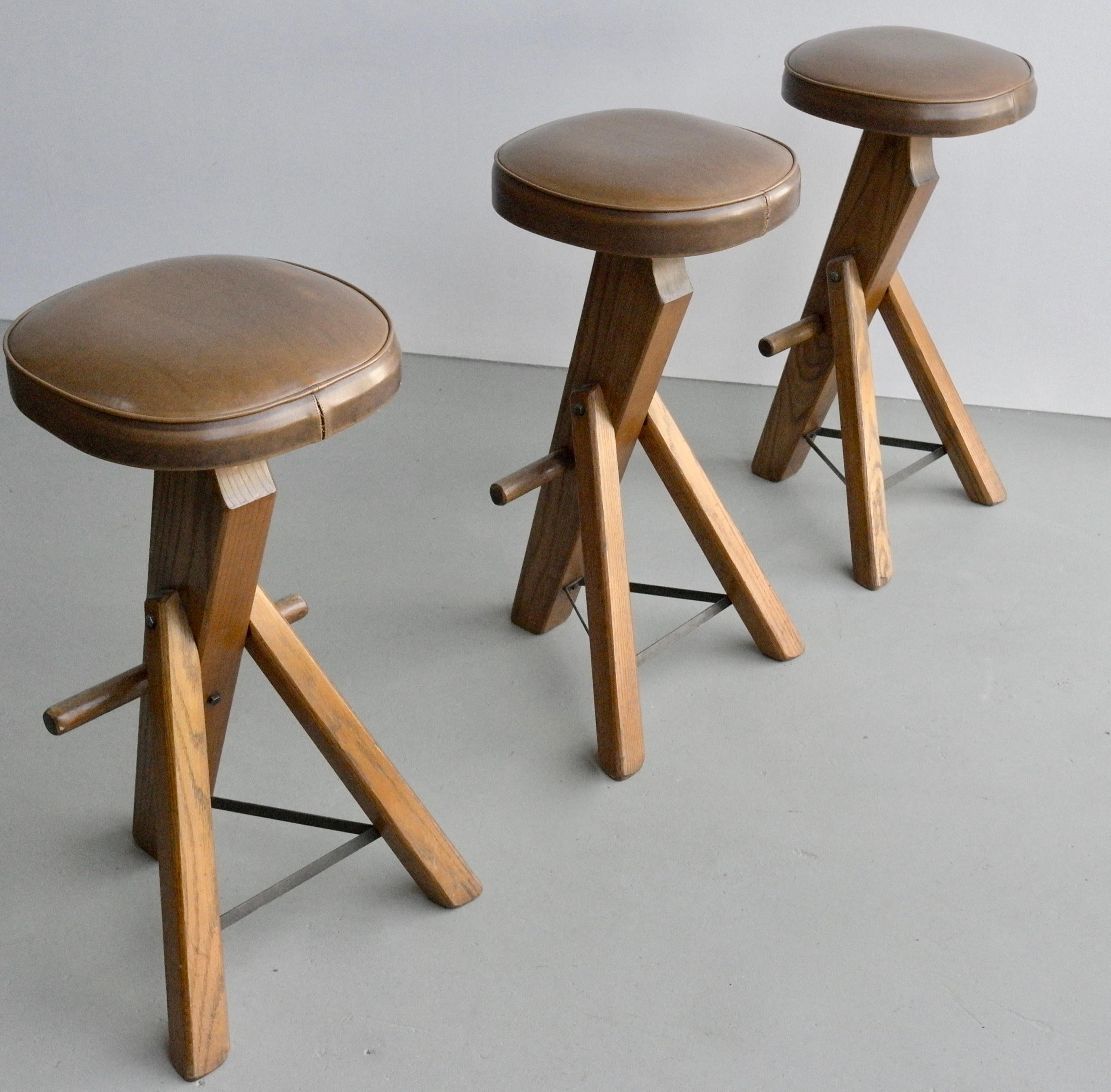 Steel Set of Three Sculptural Oak and Metal Barstools, France, 1960s