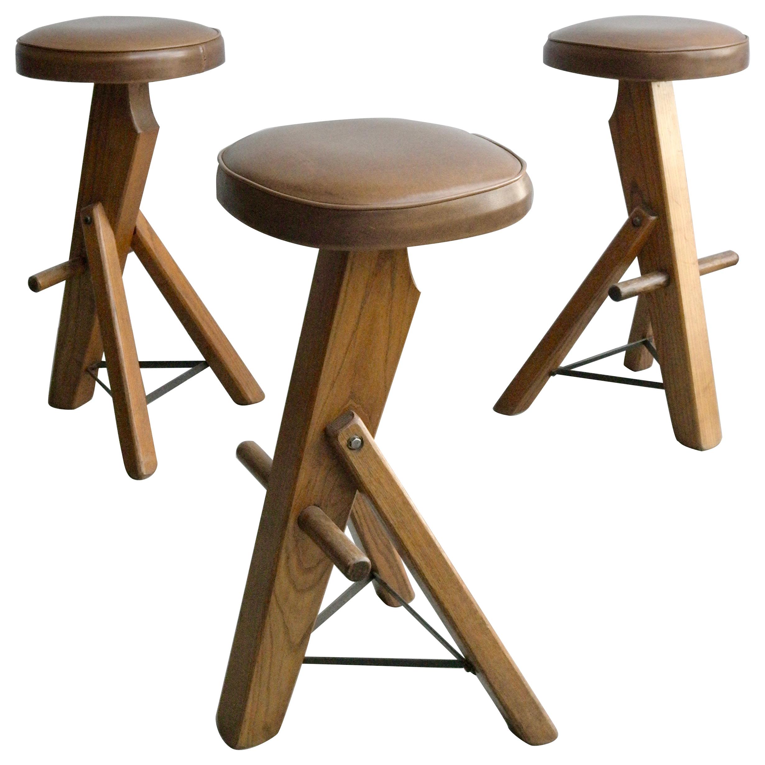 Set of Three Sculptural Oak and Metal Barstools, France, 1960s