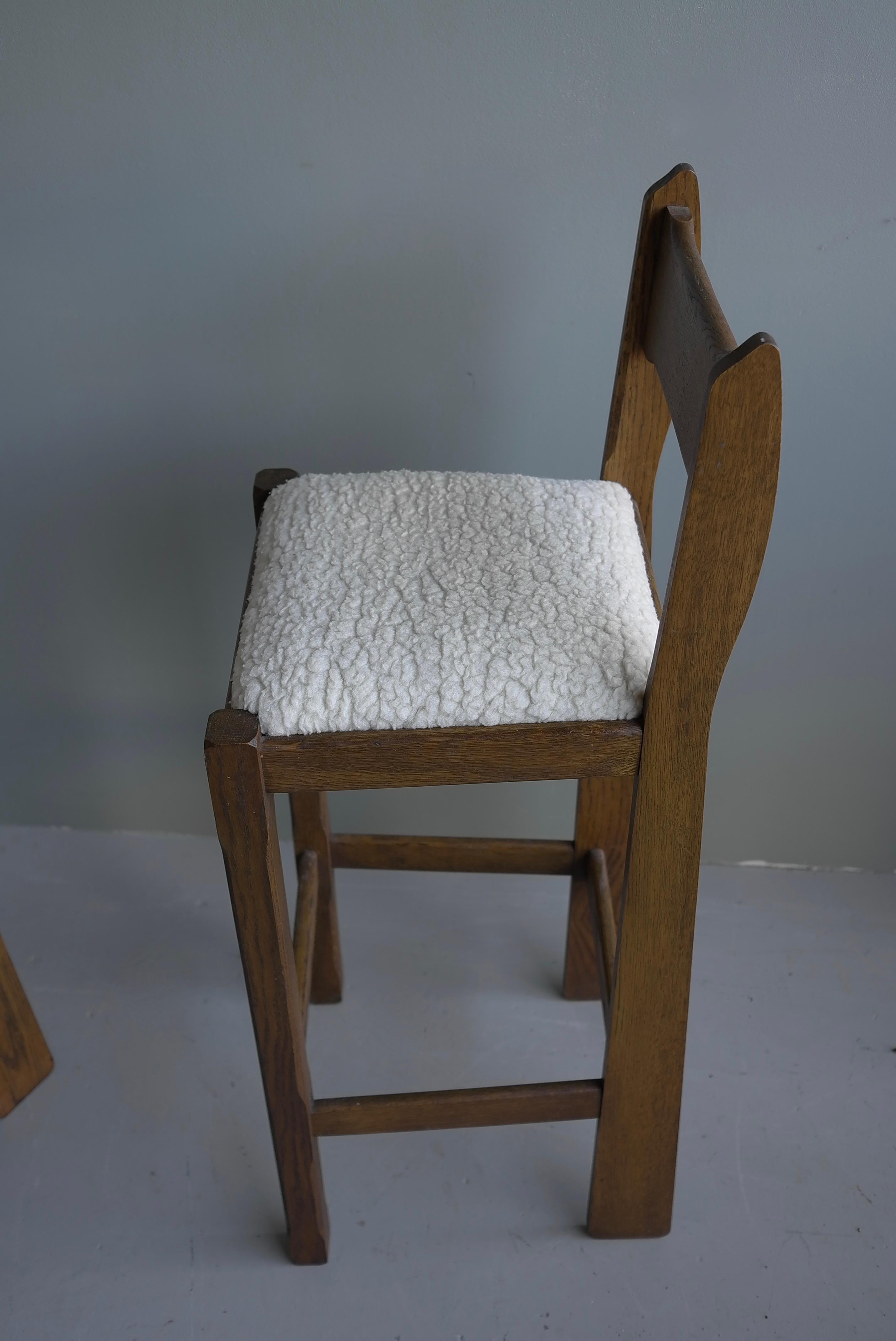 Set of Three Sculptural solid Oak Bar stools with Merino Wool seats france 1960s 4