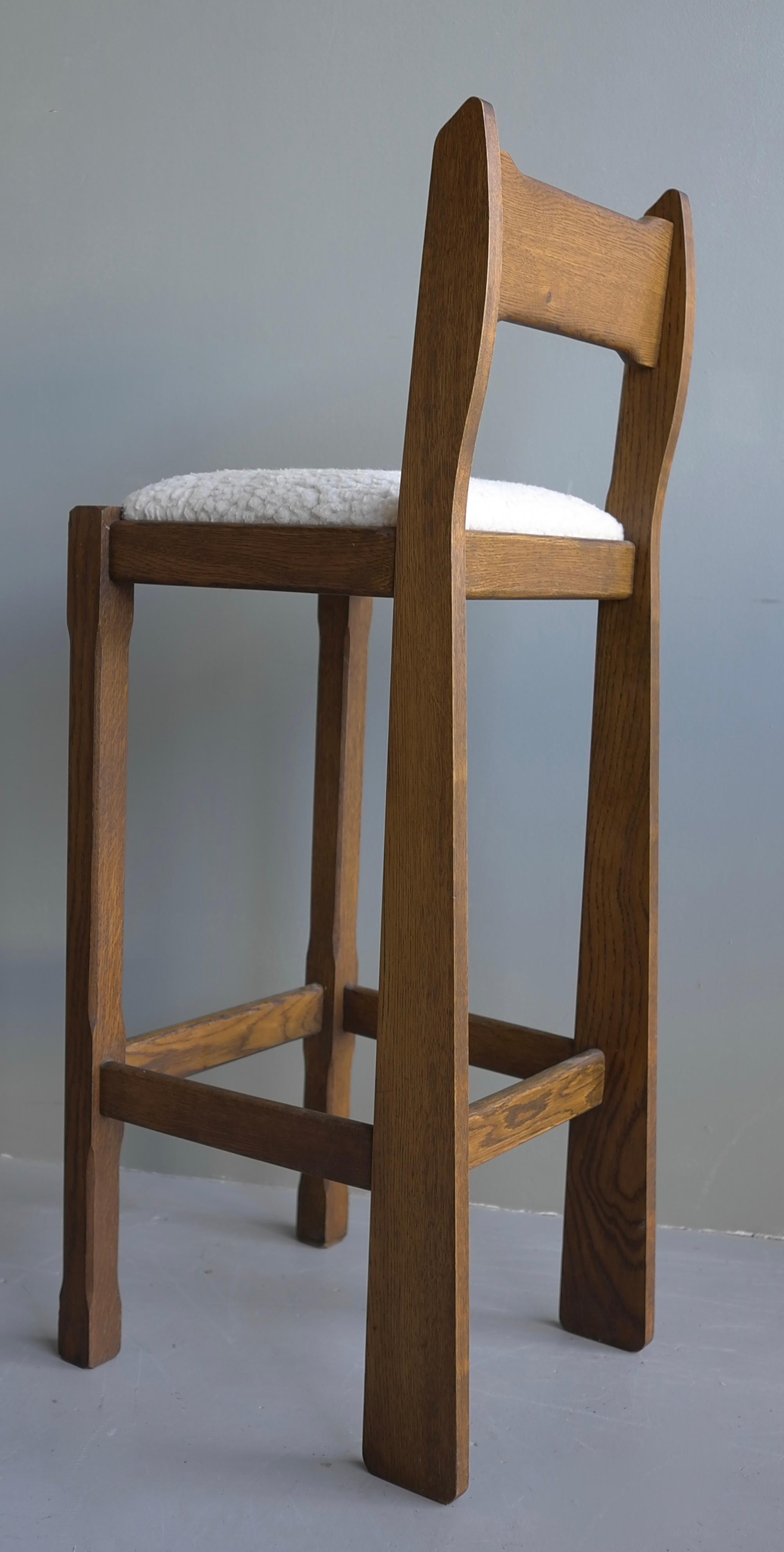 Set of Three Sculptural solid Oak Bar stools with Merino Wool seats france 1960s 6