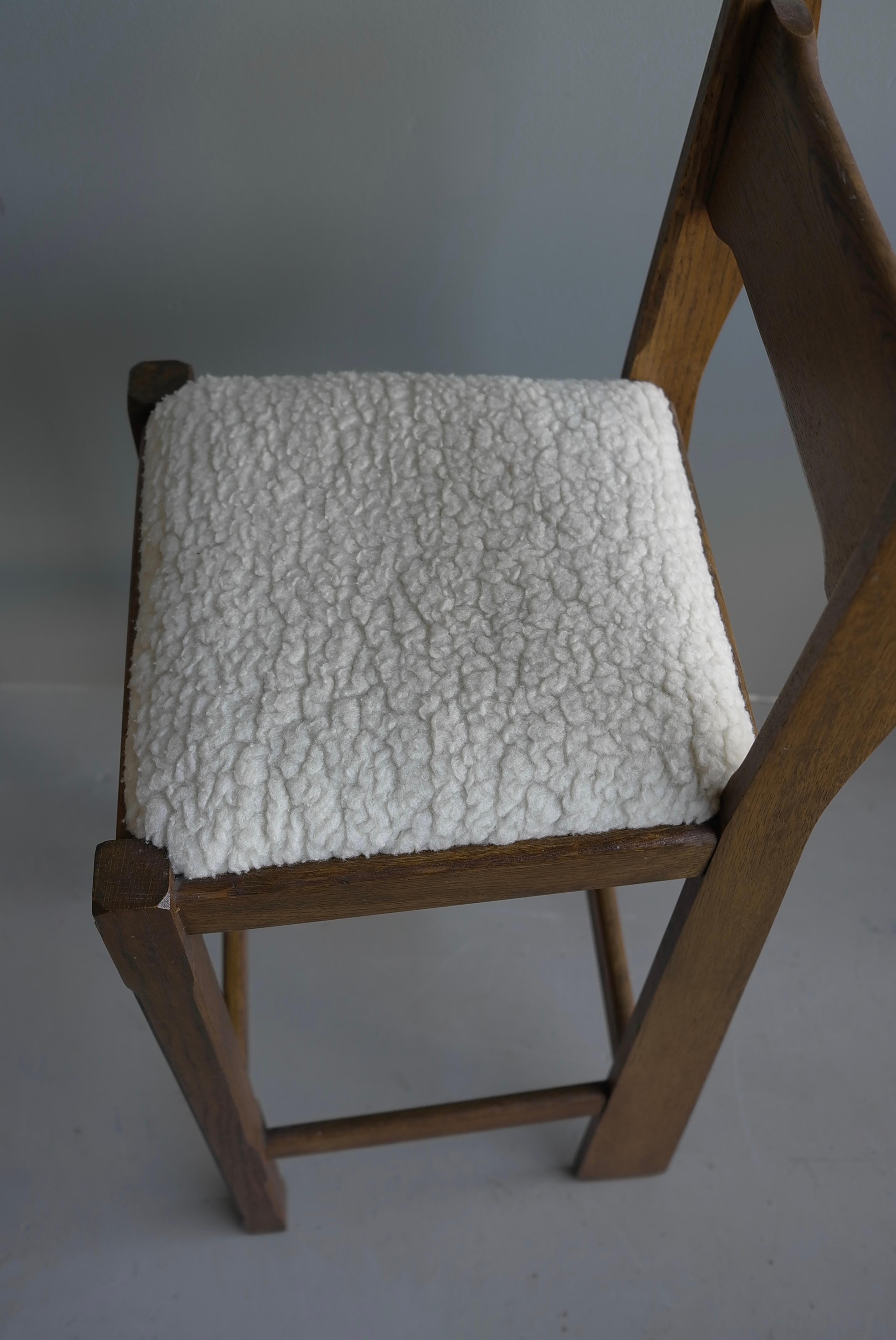 Set of Three Sculptural solid Oak Bar stools with Merino Wool seats france 1960s 7