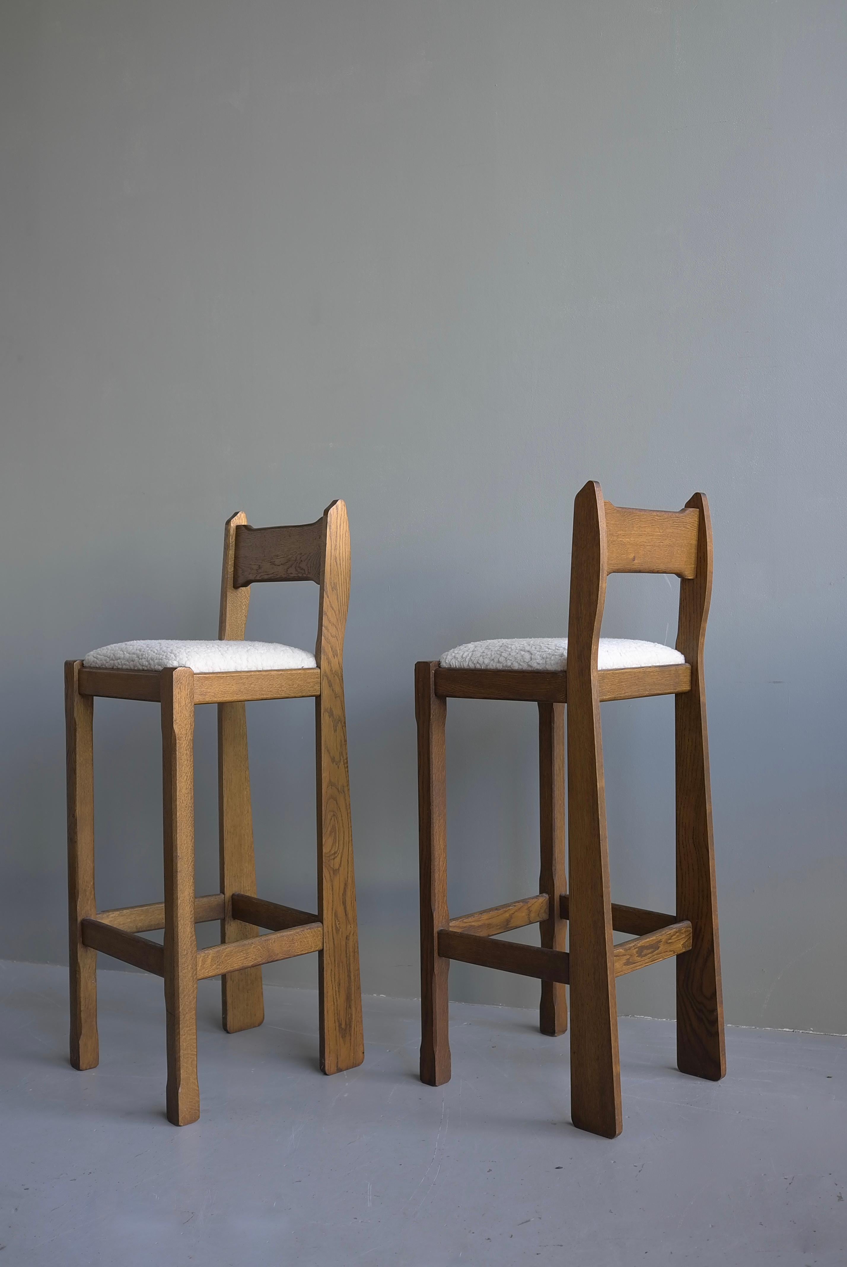 Set of Three Sculptural solid Oak bar stools with Merino Wool seats france 1960’s