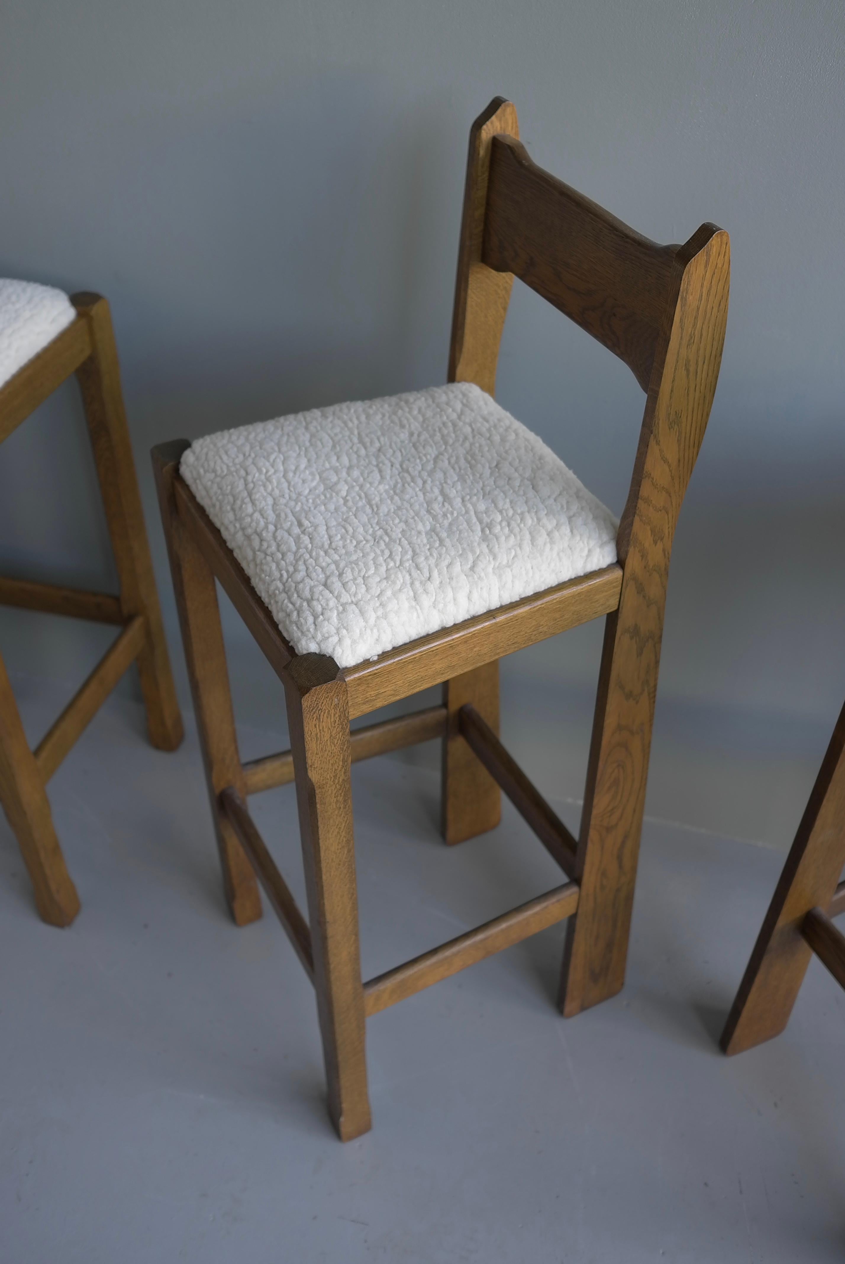 French Set of Three Sculptural solid Oak Bar stools with Merino Wool seats france 1960s
