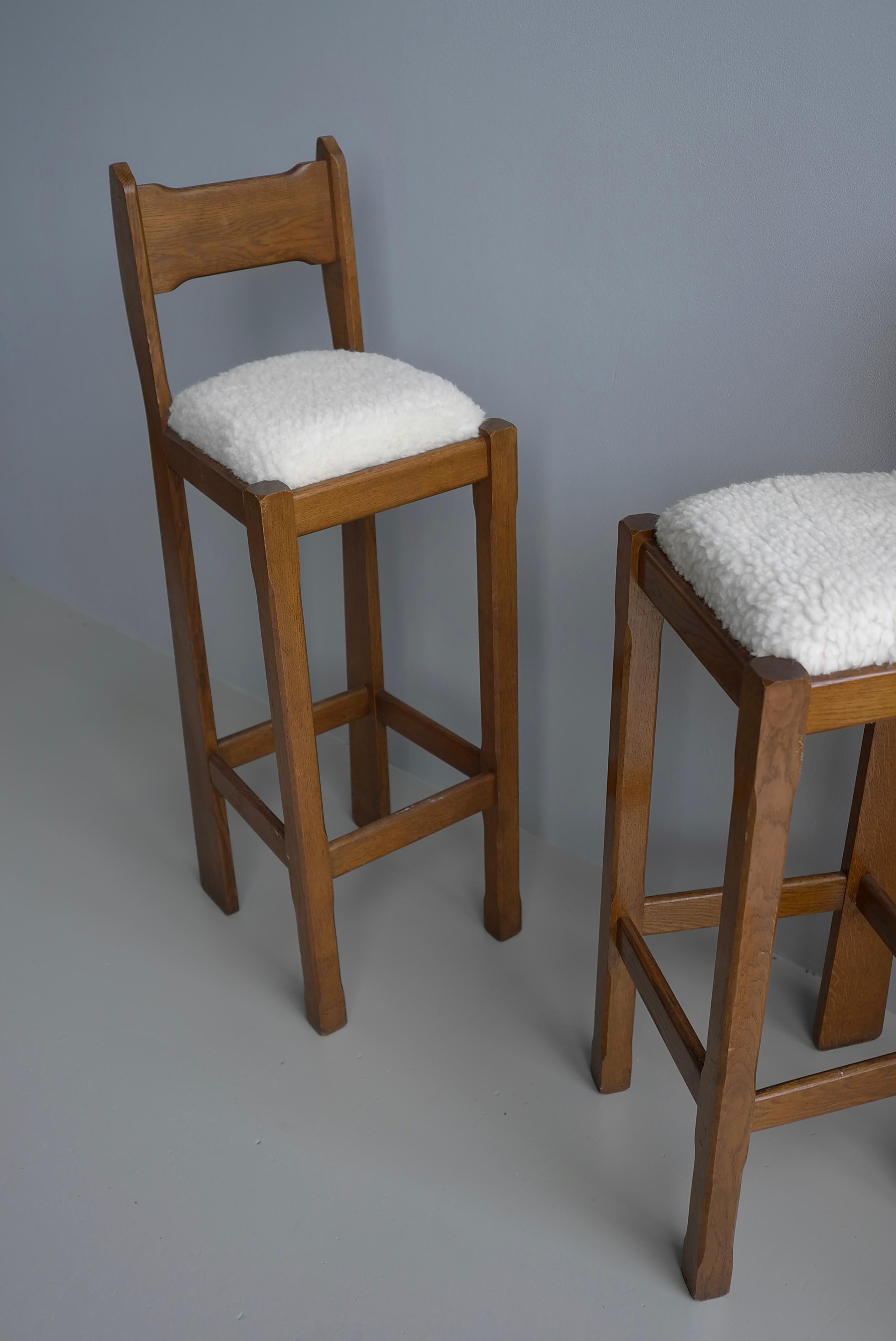 French Set of Three Sculptural solid Oak Bar Stools with Merino Wool seats France 1960s For Sale