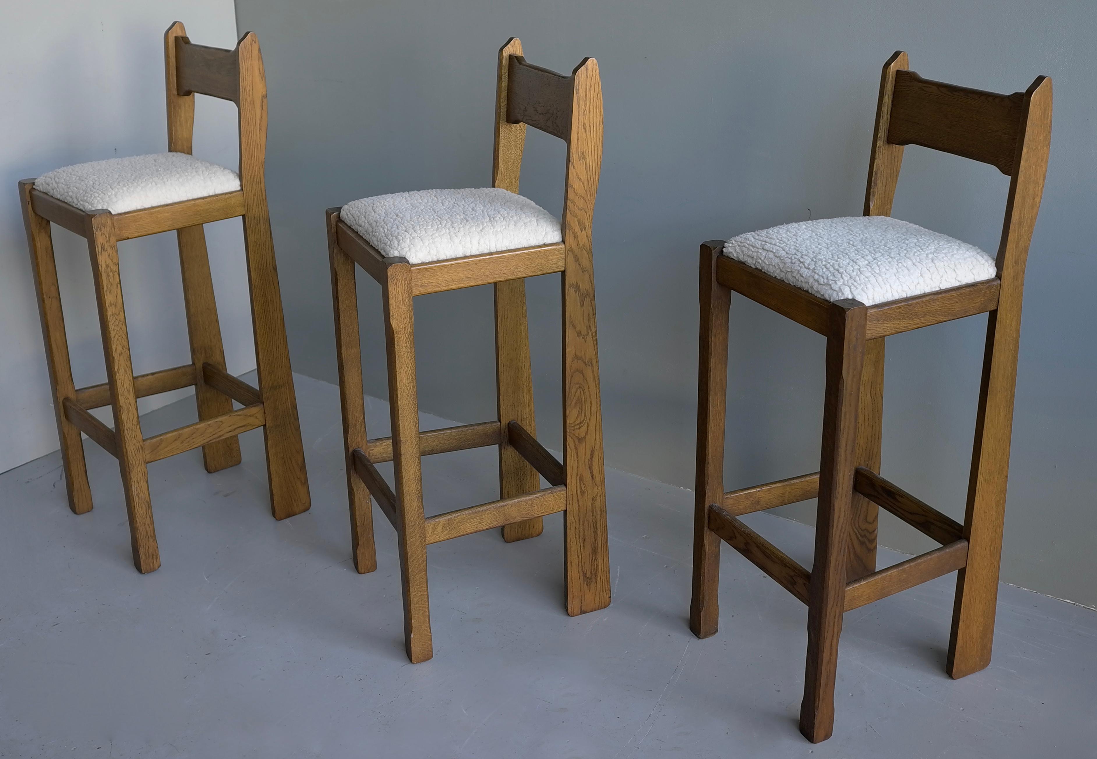 Mid-20th Century Set of Three Sculptural solid Oak Bar stools with Merino Wool seats france 1960s