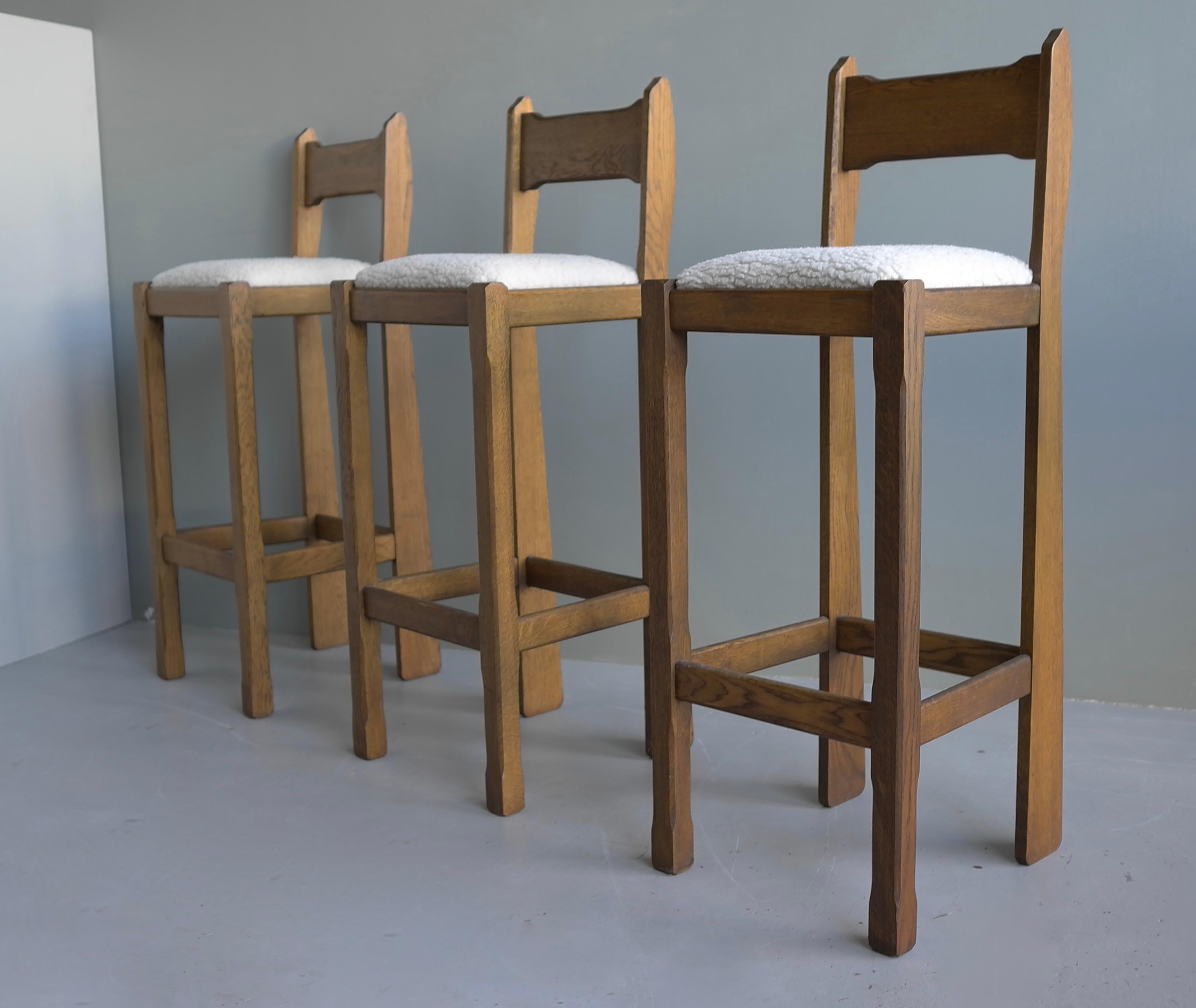Set of Three Sculptural solid Oak Bar stools with Merino Wool seats france 1960s 1