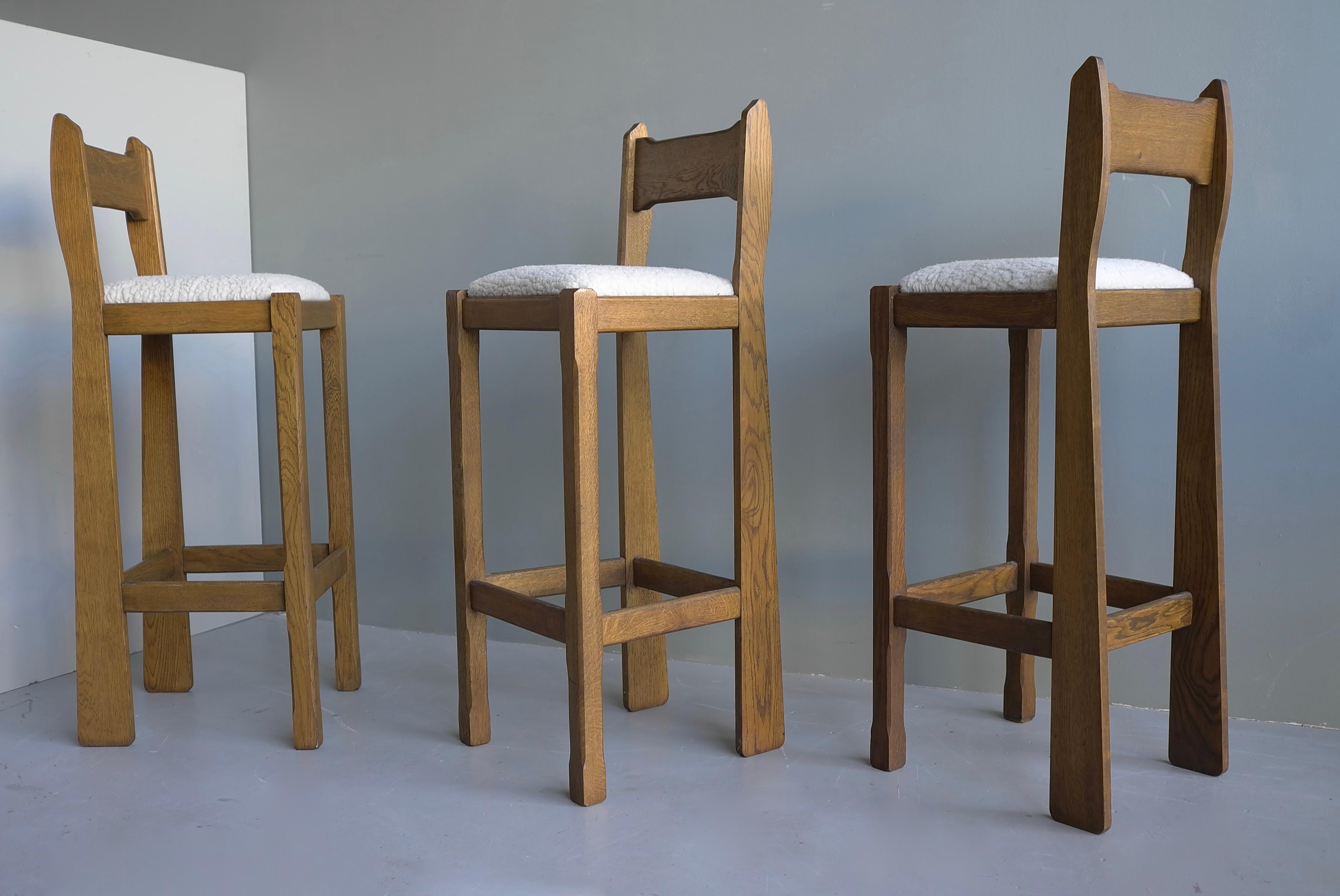 Set of Three Sculptural solid Oak Bar stools with Merino Wool seats france 1960s 2