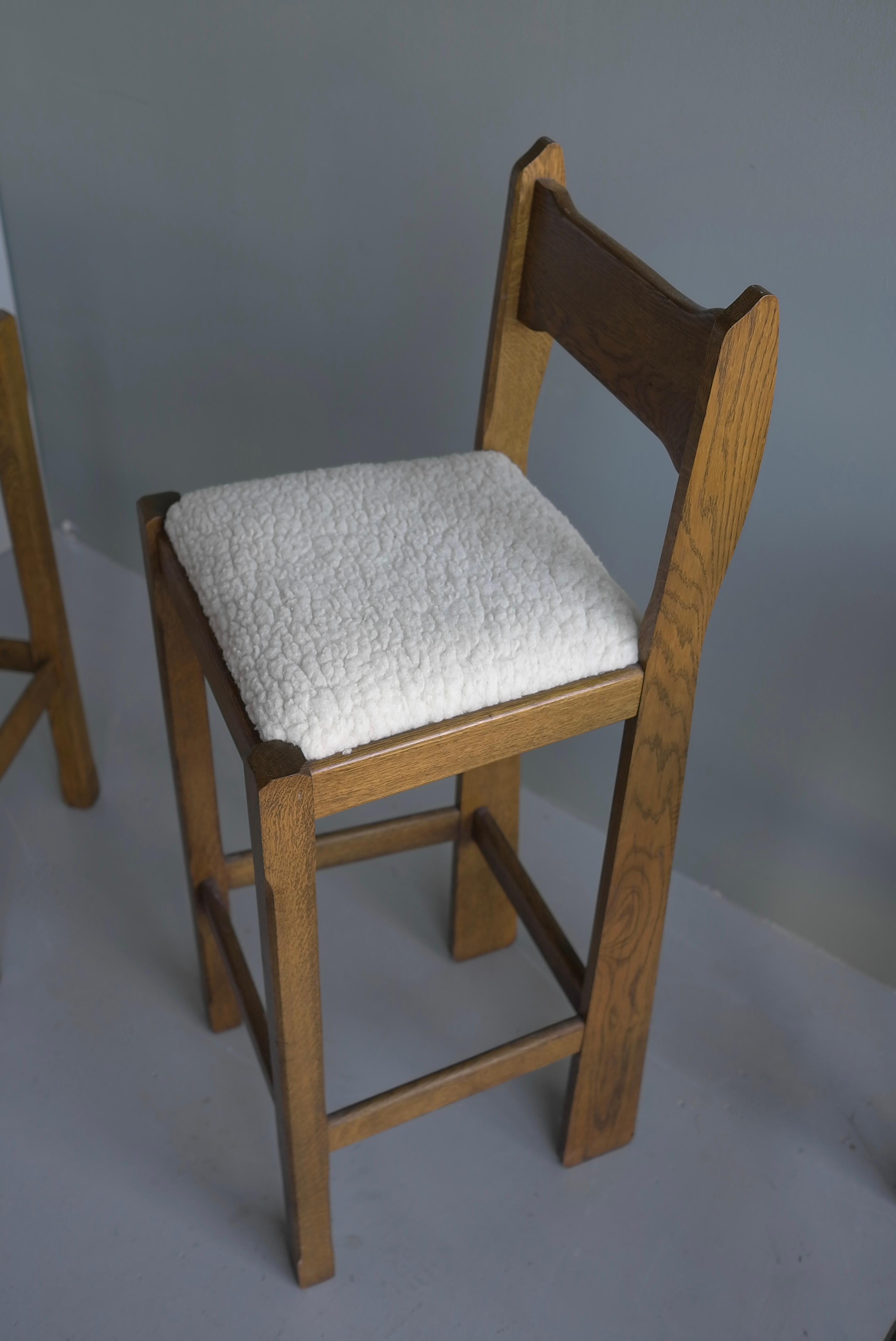 Set of Three Sculptural solid Oak Bar stools with Merino Wool seats france 1960s 3