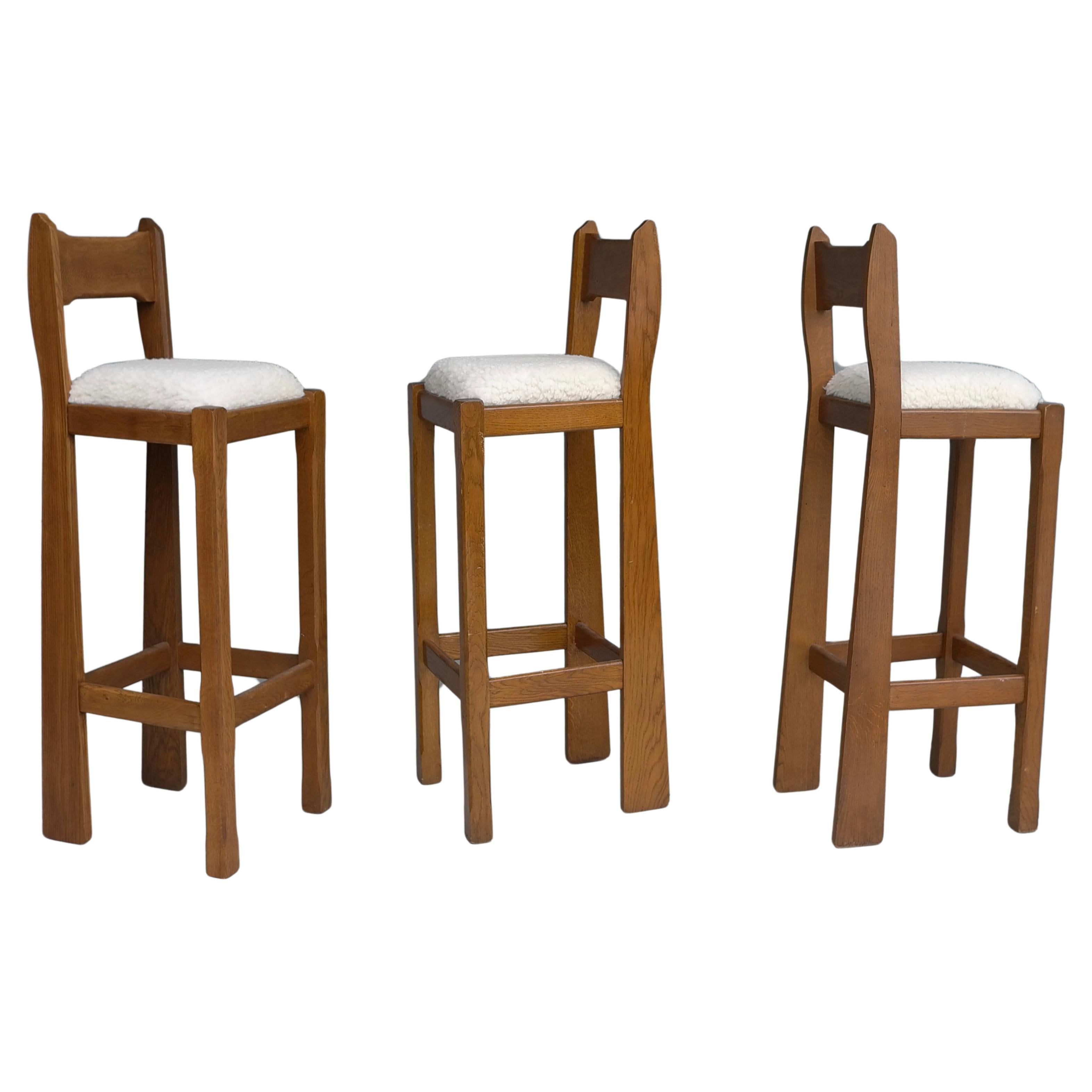 Set of Three Sculptural solid Oak Bar Stools with Merino Wool seats France 1960s For Sale
