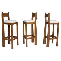 Vintage Set of Three Sculptural solid Oak Bar Stools with Merino Wool seats France 1960s
