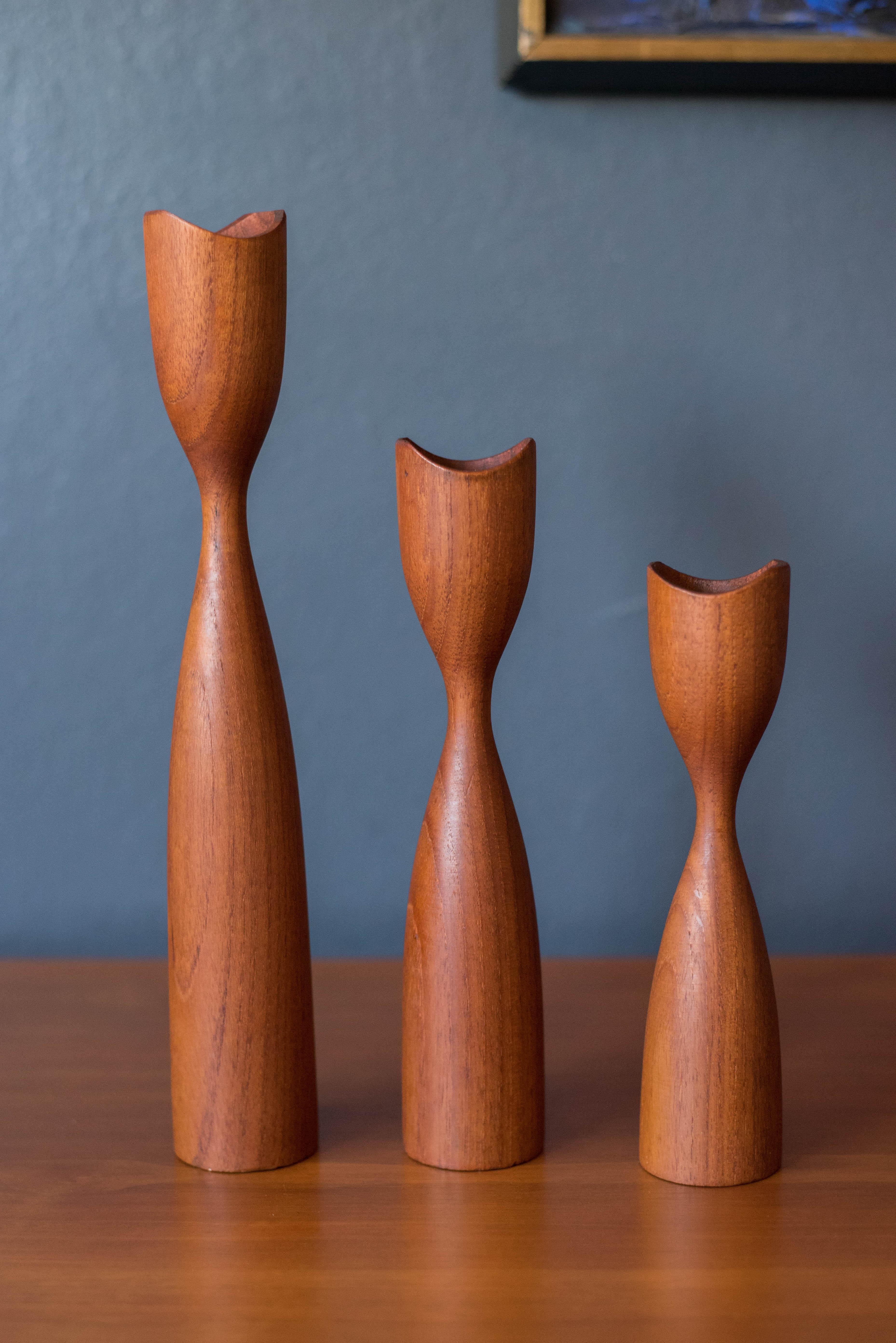 Scandinavian Modern Set of Three Sculptural Teak Mid-Century Modern Candlestick Holders