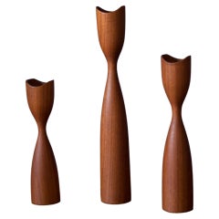 Set of Three Sculptural Teak Mid-Century Modern Candlestick Holders