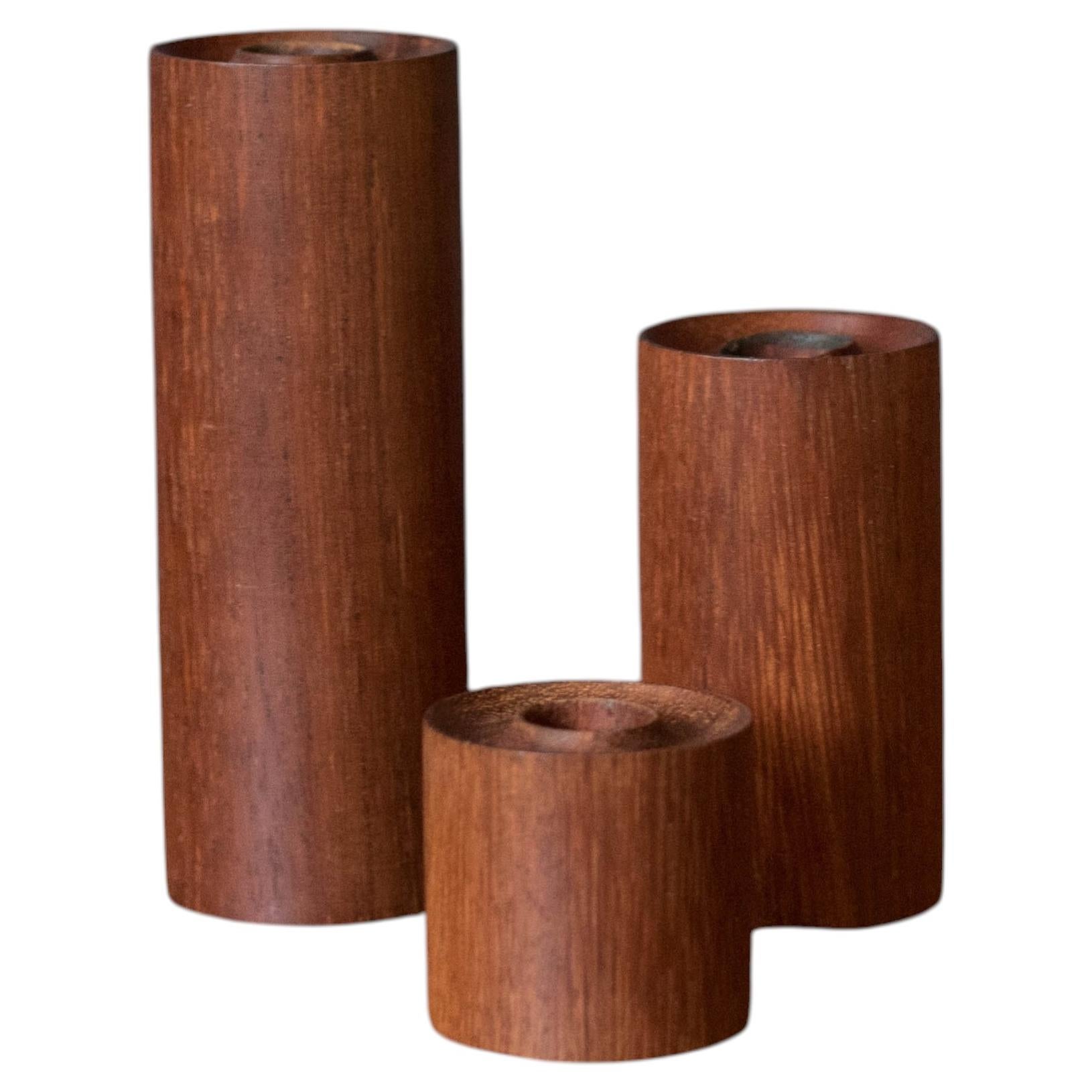 Set of Three Sculptural Teak Mid Century Modern Candlestick Holders