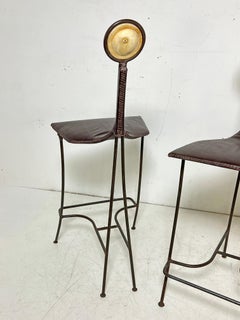 Set of Three Sculptural Wrought Iron and Leather Bar Stools, Brazil, Circa 1980s