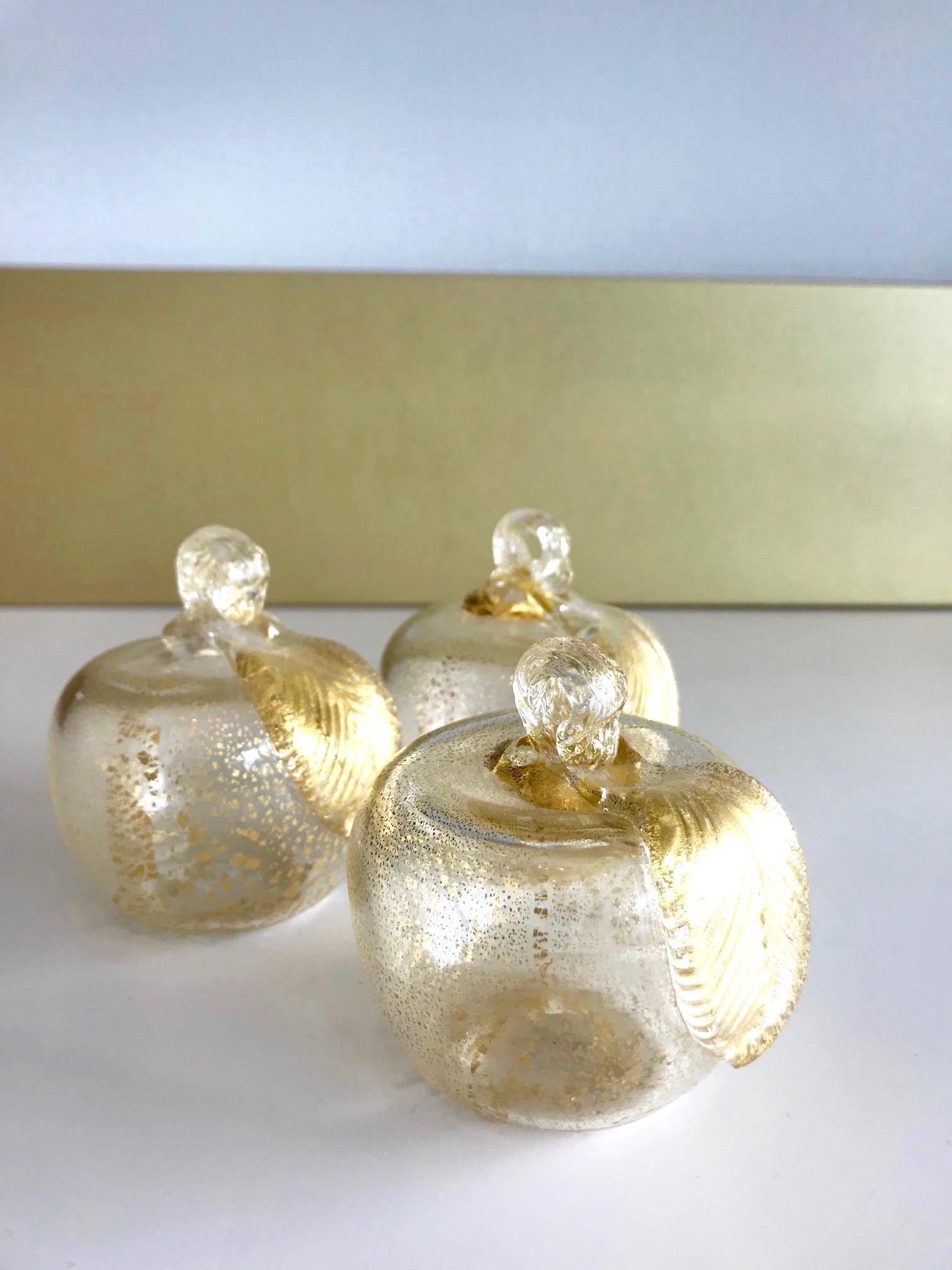 Art Glass Set of Three Seguso Murano Apples with Gold Flecks