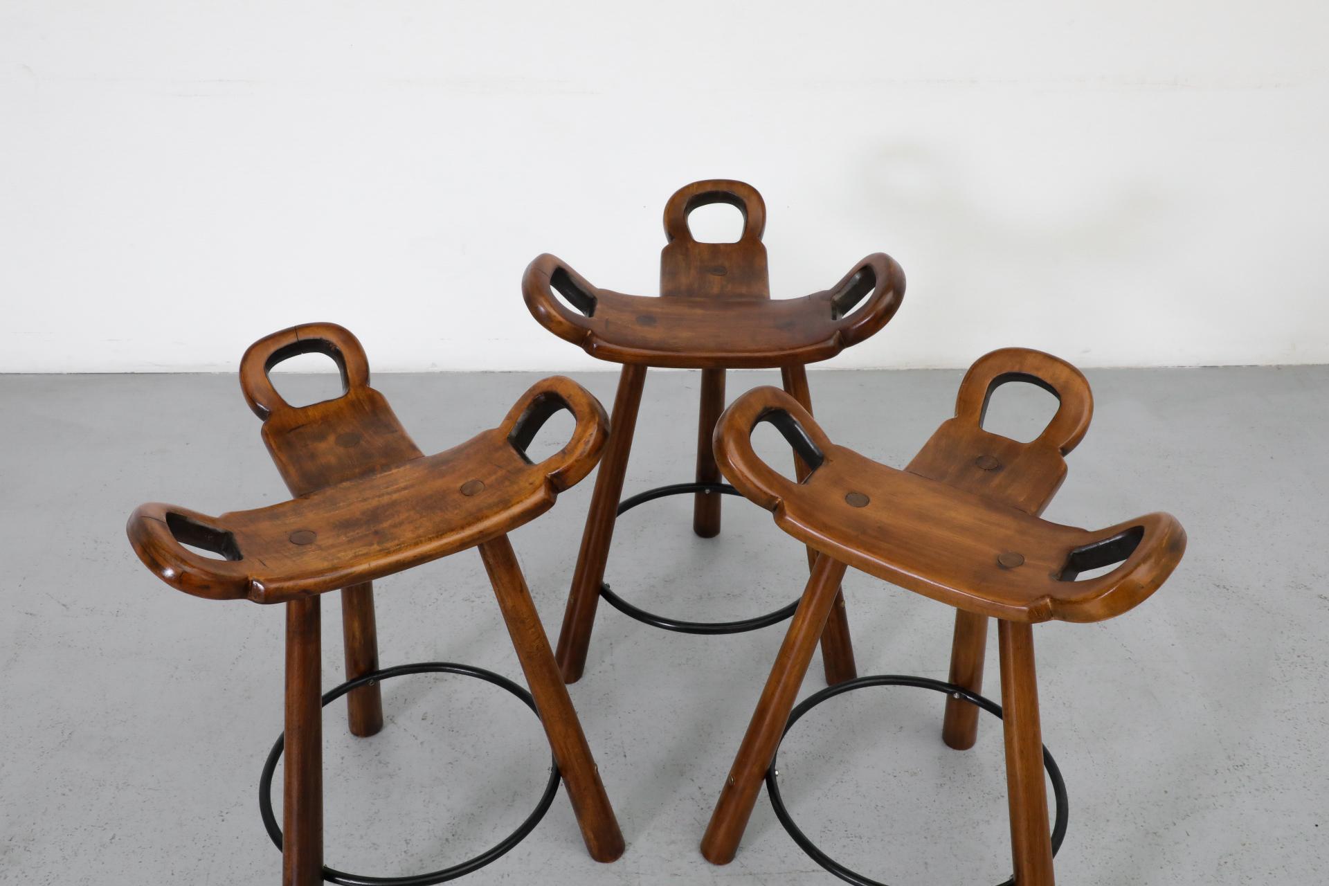 Carved Set of Three Sergio Rodriguez Style Low 'Marbella' Counter Stools