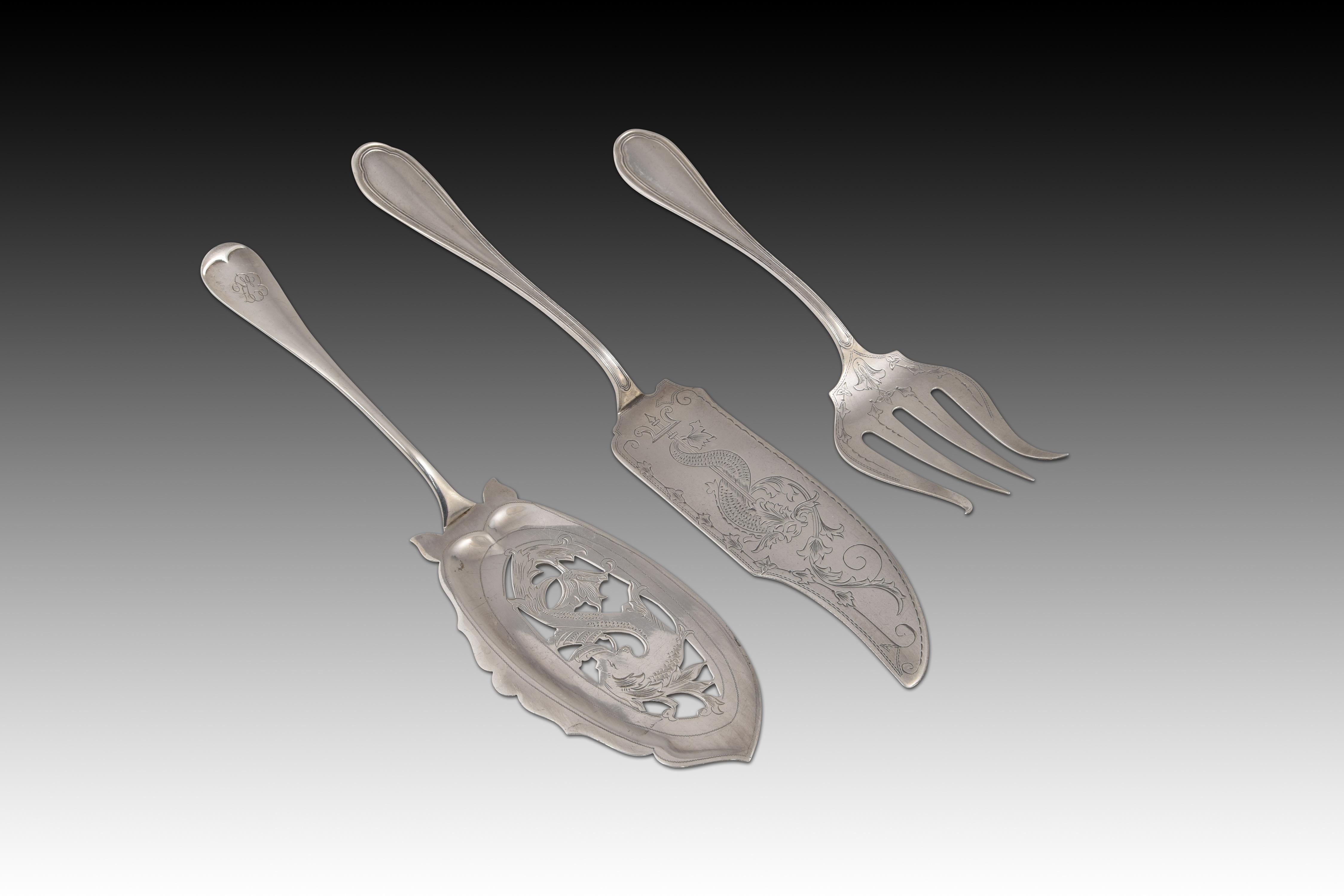 Set of Three Serving Cutlery. Silver, Espunes, Matilde, Spain, 20th Century In Good Condition For Sale In Madrid, ES