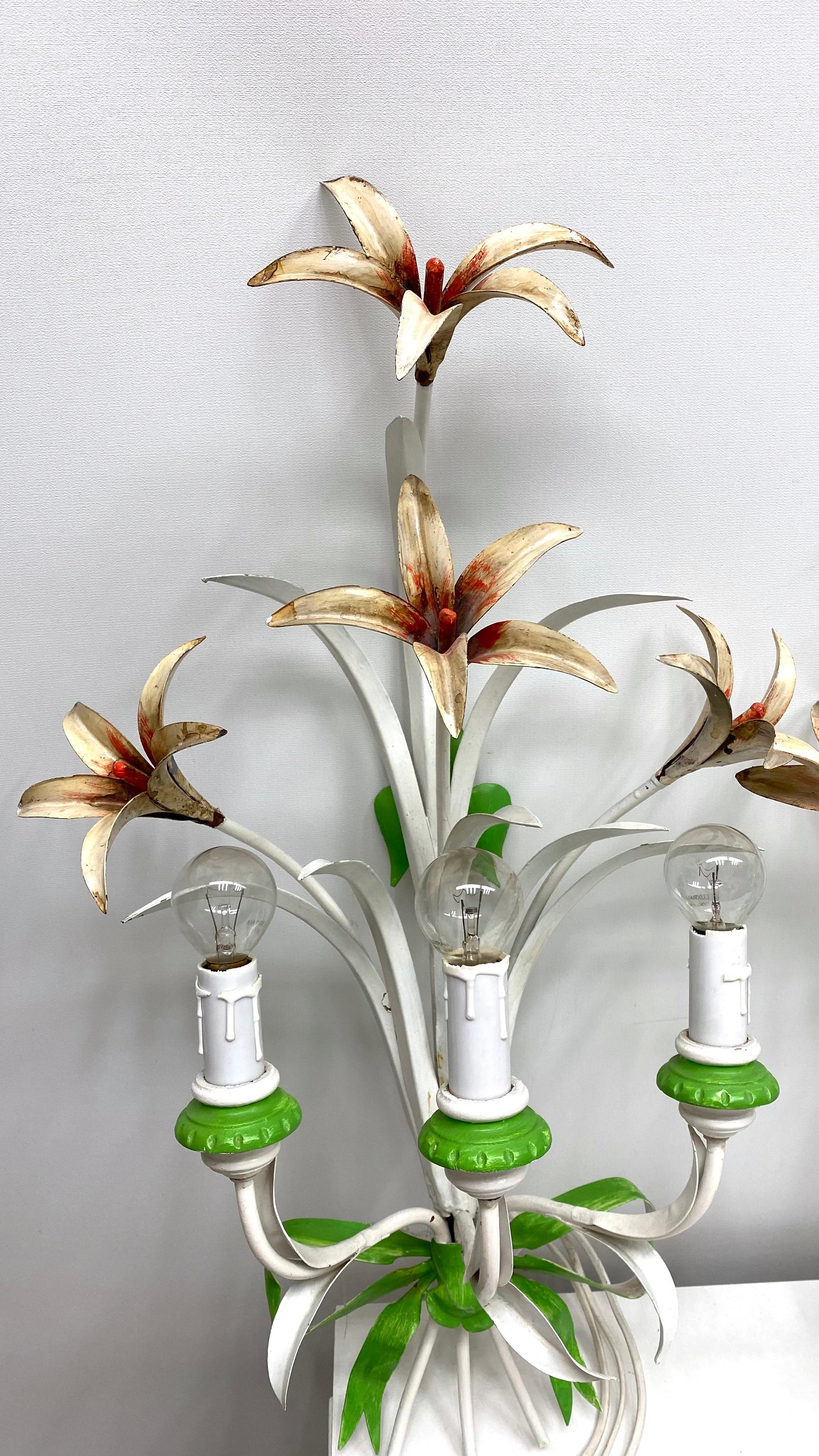 Set of Three Shabby Chic Flower Leaf Tole Sconces Polychrome Metal, 1960s, Italy For Sale 3