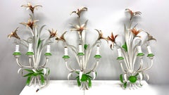 Set of Three Shabby Chic Flower Leaf Tole Sconces Polychrome Metal, 1960s, Italy