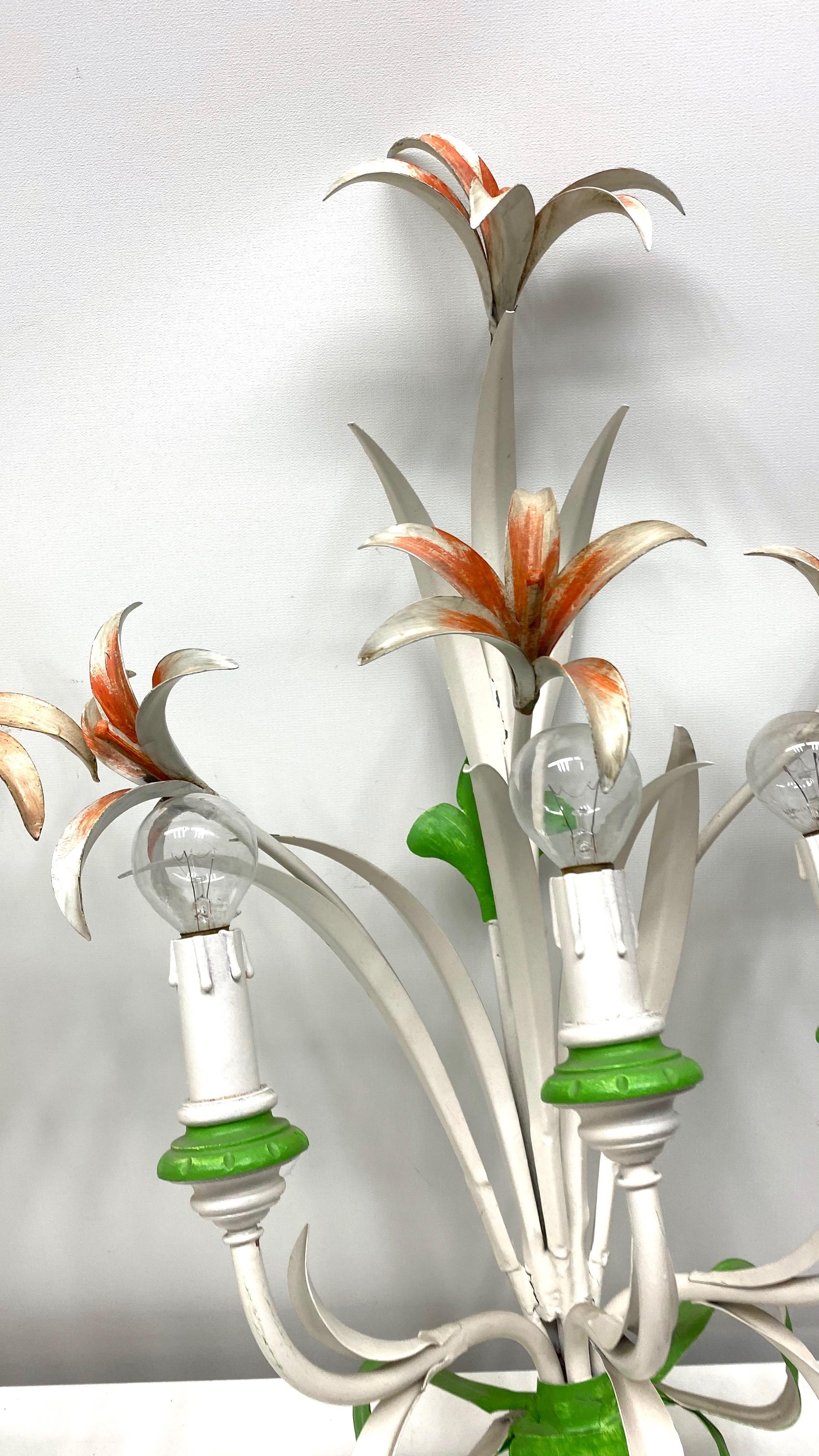 Set of Three Shabby Chic Flower Leaf Tole Sconces Polychrome Metal, 1960s, Italy In Good Condition For Sale In Nuernberg, DE