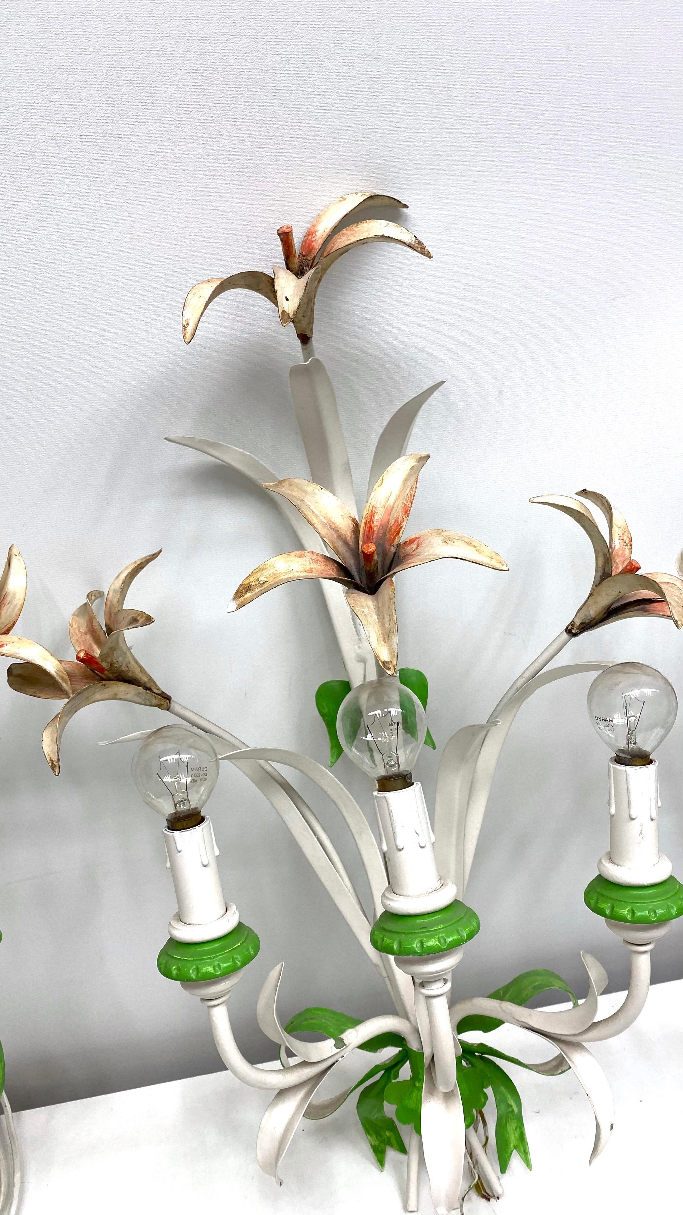 Mid-20th Century Set of Three Shabby Chic Flower Leaf Tole Sconces Polychrome Metal, 1960s, Italy For Sale