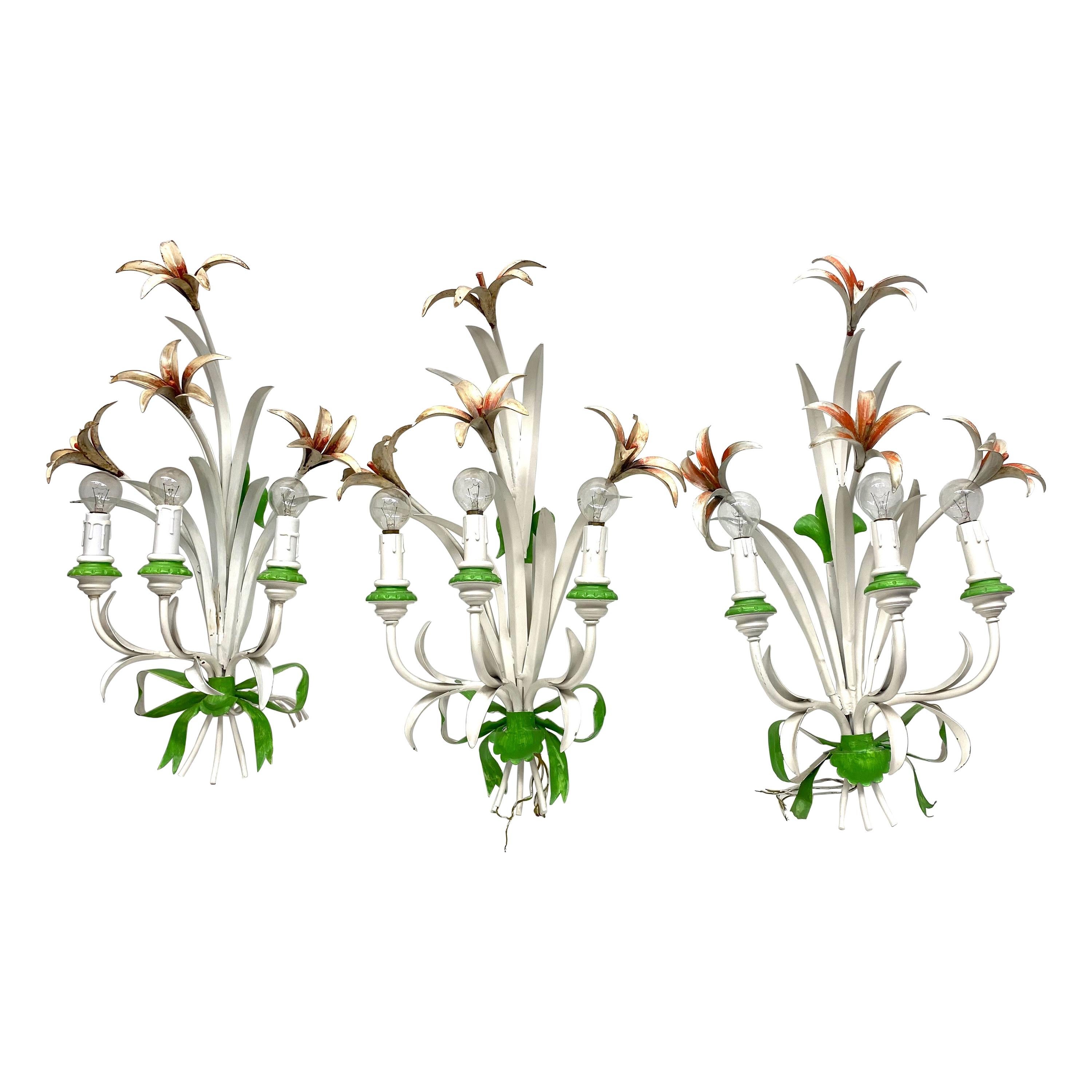 Set of Three Shabby Chic Flower Leaf Tole Sconces Polychrome Metal, 1960s, Italy For Sale