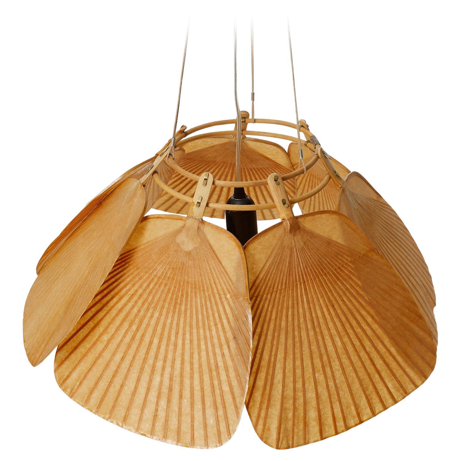 German Set of Three 'Shichi' ‘Uchiwa’ Pendant Lights, Ingo Maurer, Bamboo Paper, 1970s For Sale