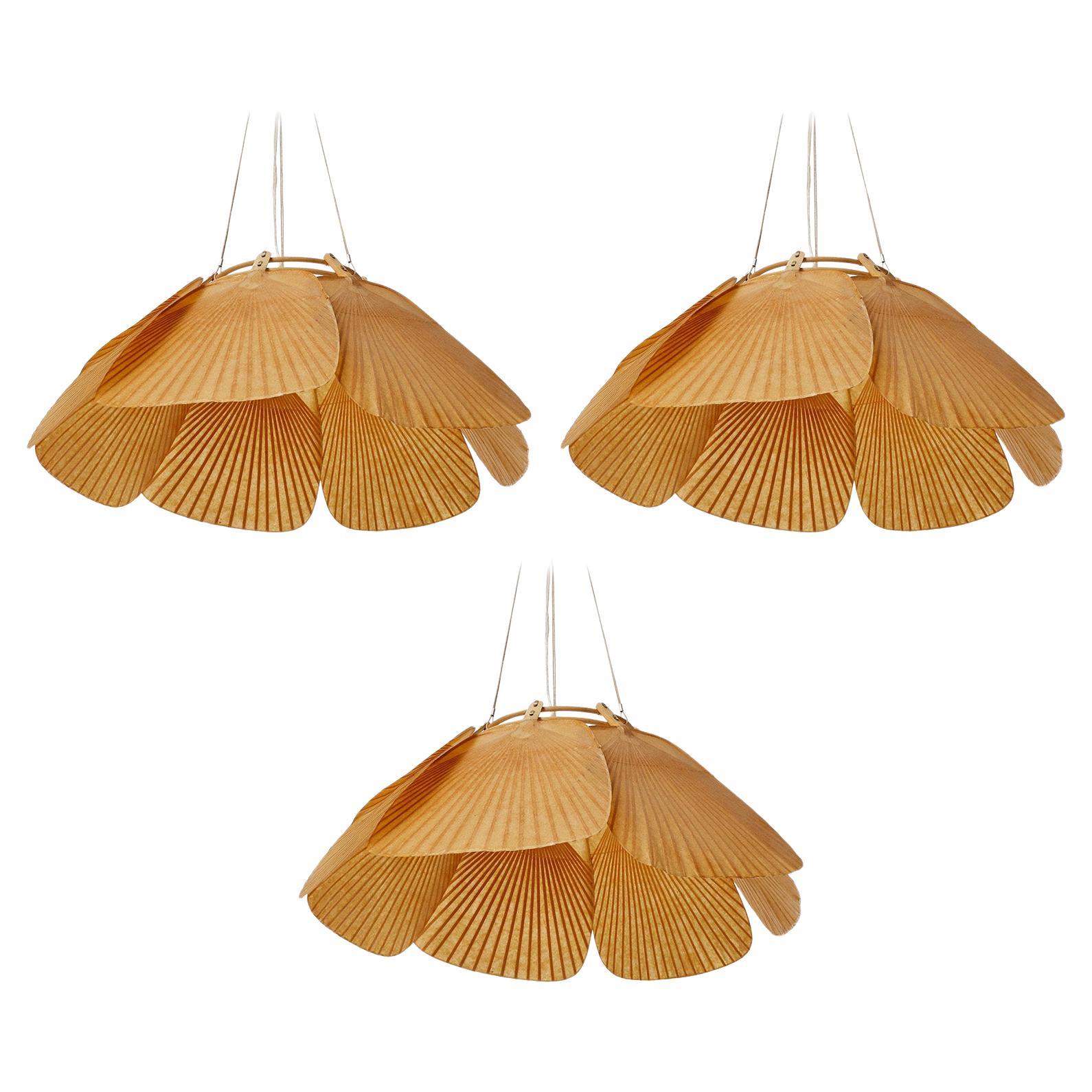 Set of Three 'Shichi' ‘Uchiwa’ Pendant Lights, Ingo Maurer, Bamboo Paper, 1970s