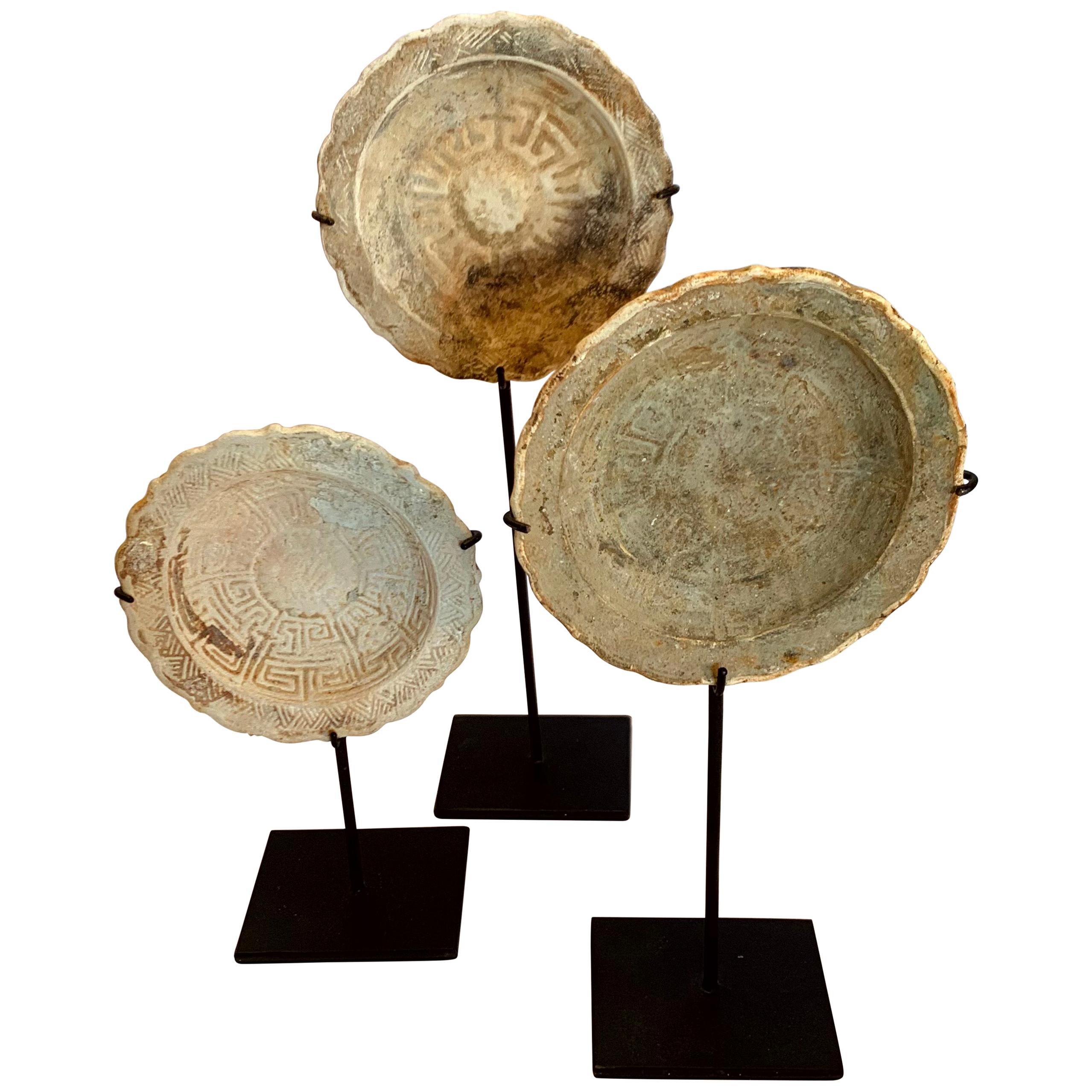 Set of Three Ship Wrecked Saucers on Stands, Cambodia, 18th Century